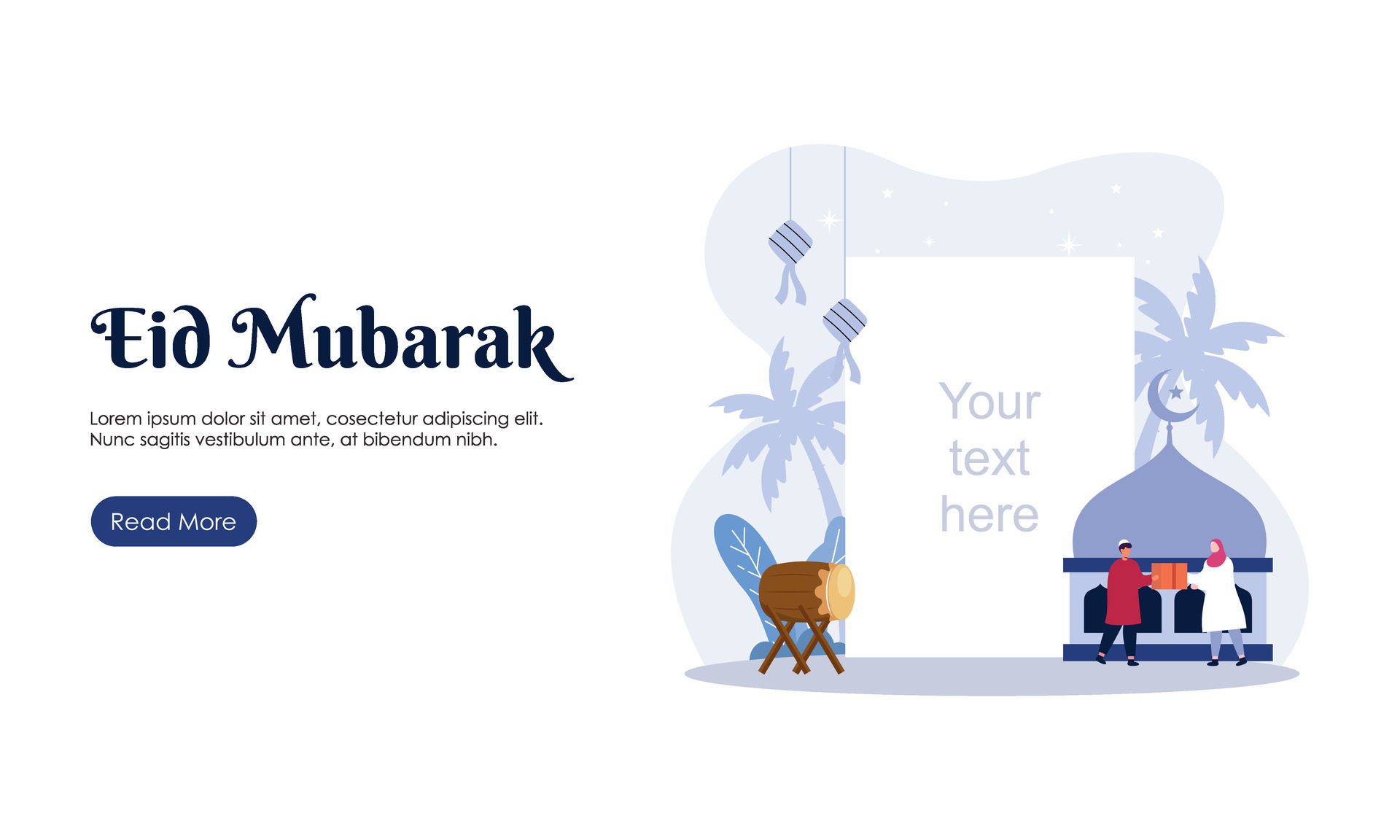 Happy Eid Mubarak or Ramadan Greeting with People Character Illustration. Islamic Design Template for Banner, Landing Page or Poster. Free Vector