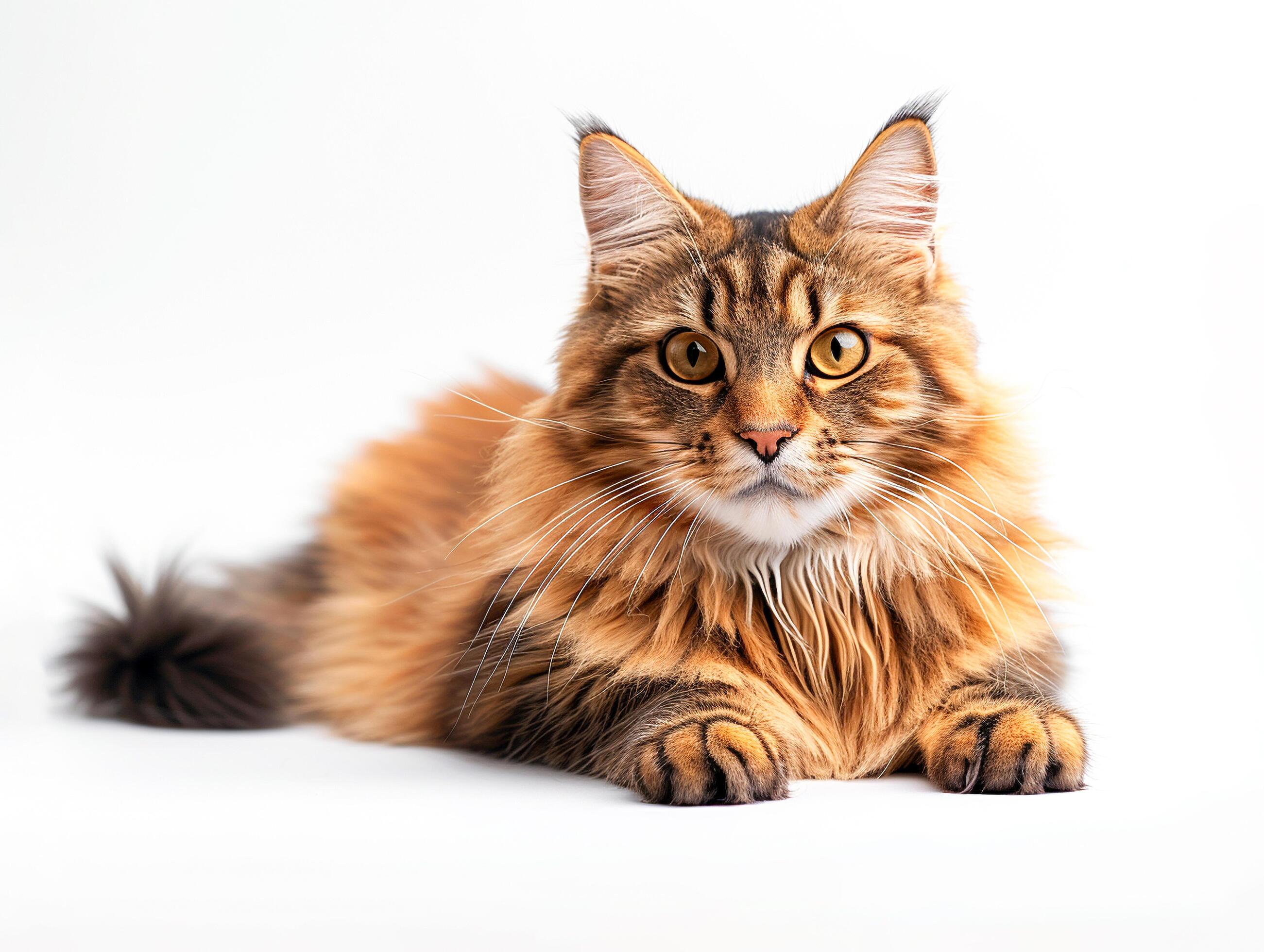 Portrait of a Maine Coon cat full body against a white background. Stock Free