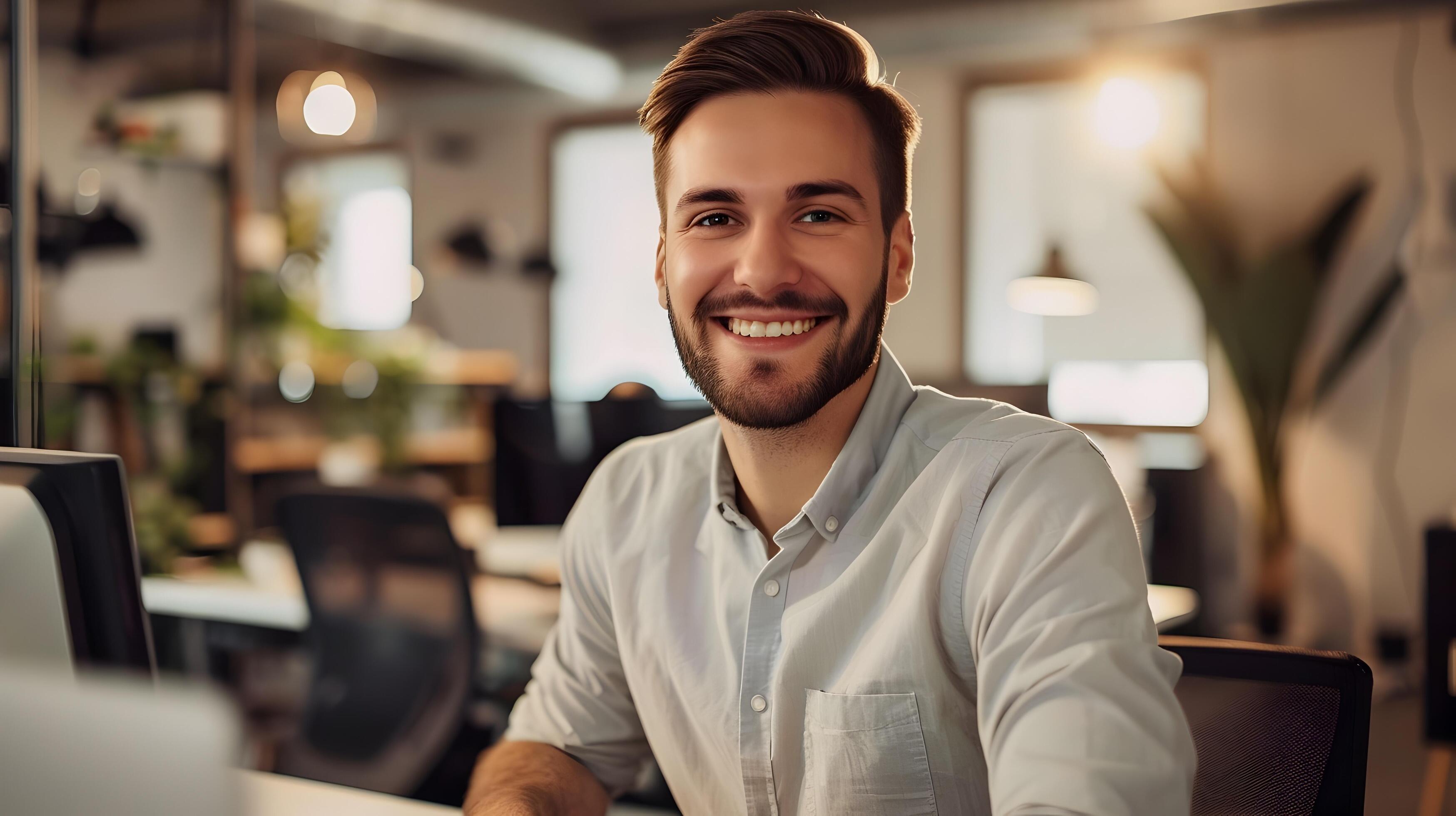 Confident Young Professional Smiling in Modern Office Setting Stock Free