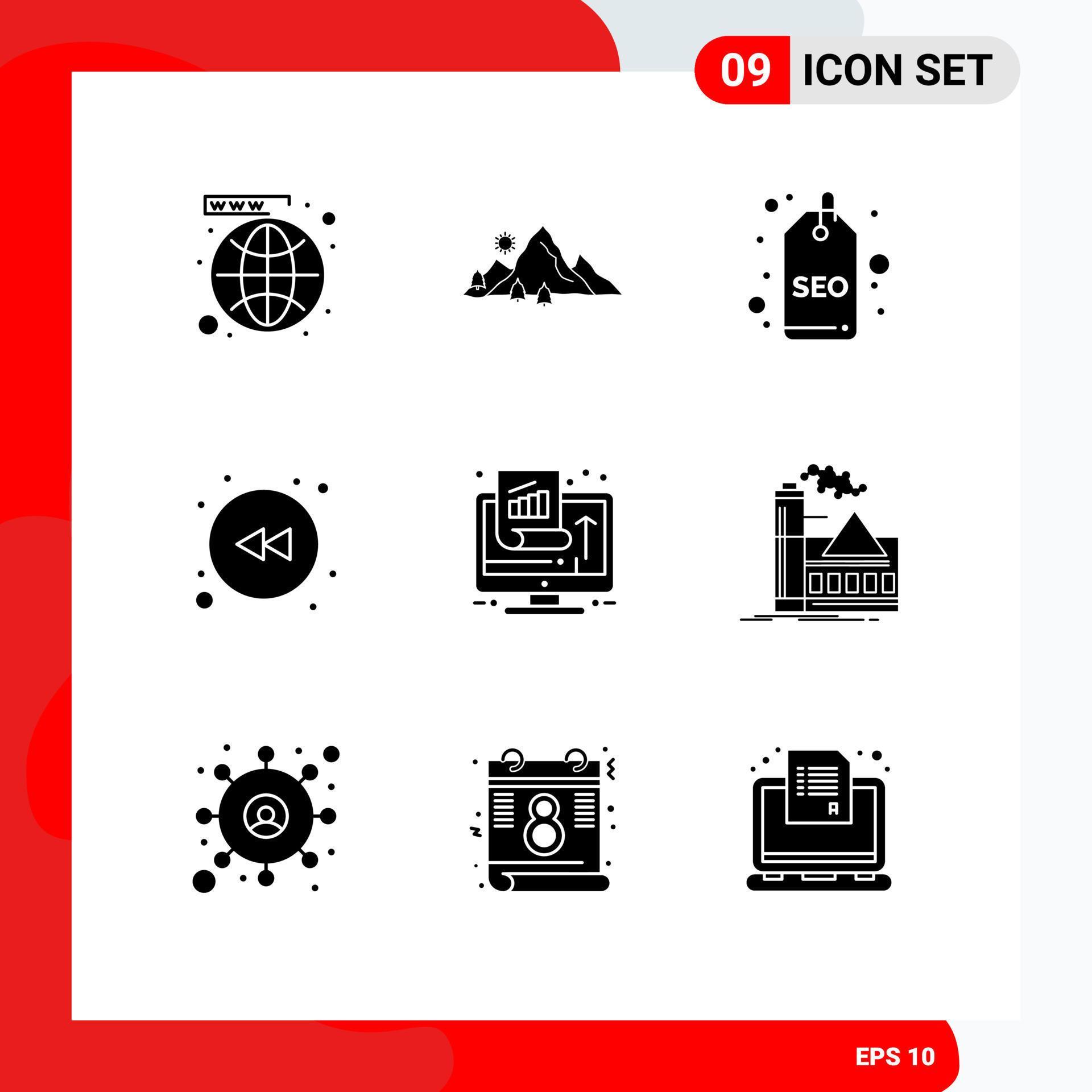 Universal Icon Symbols Group of 9 Modern Solid Glyphs of chart left nature arrow seo tag Editable Vector Design Elements Stock Free