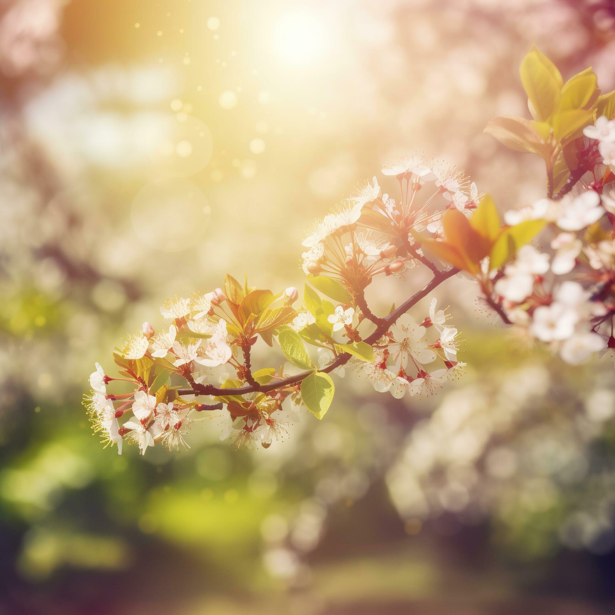 Spring blossom background. Beautiful nature scene with blooming tree and sun flare , generat ai Stock Free