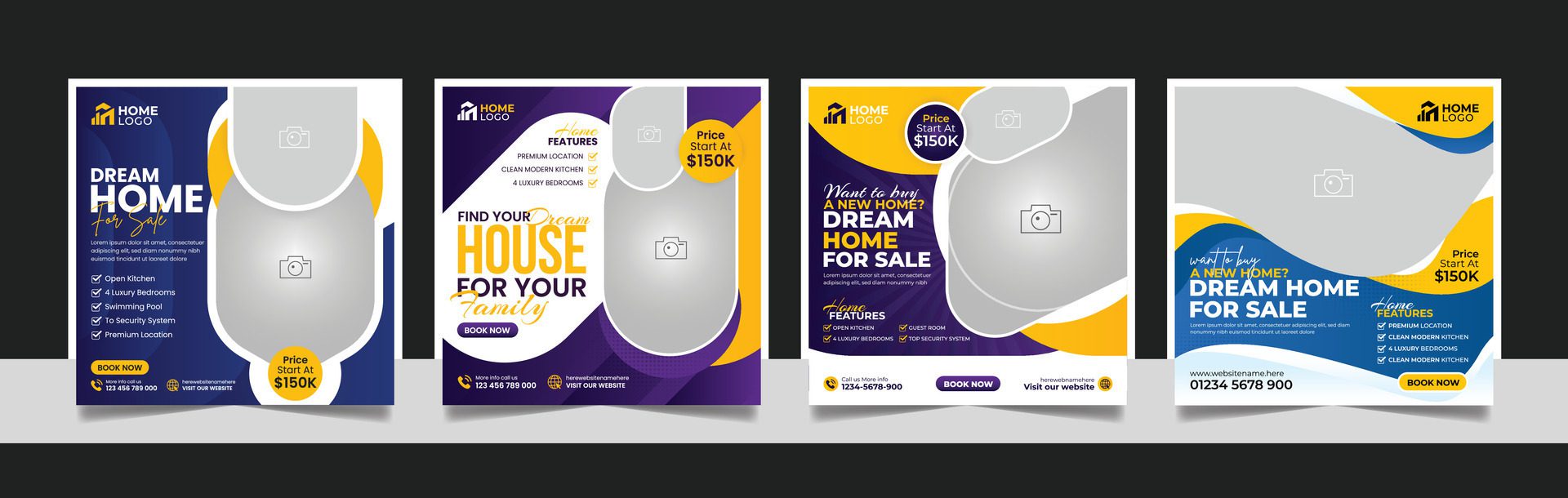 Real estate business promotion square flyer luxury house property sale social media post square web banner template set. Free Vector