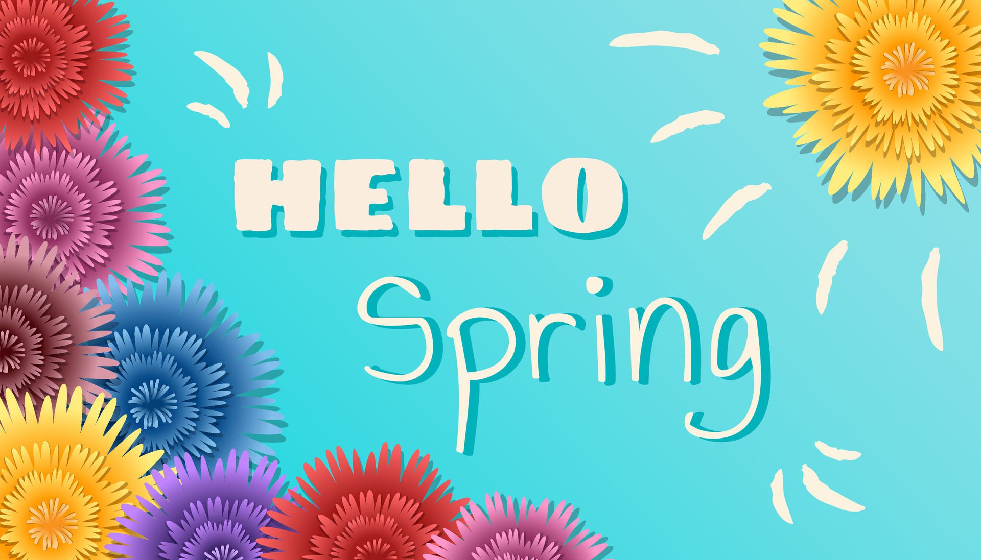 Spring background. Beautiful greeting card with colorful flowers, sky, foliage, sun and greeting text. Nature concept. templat for banner, card, poster Free Vector