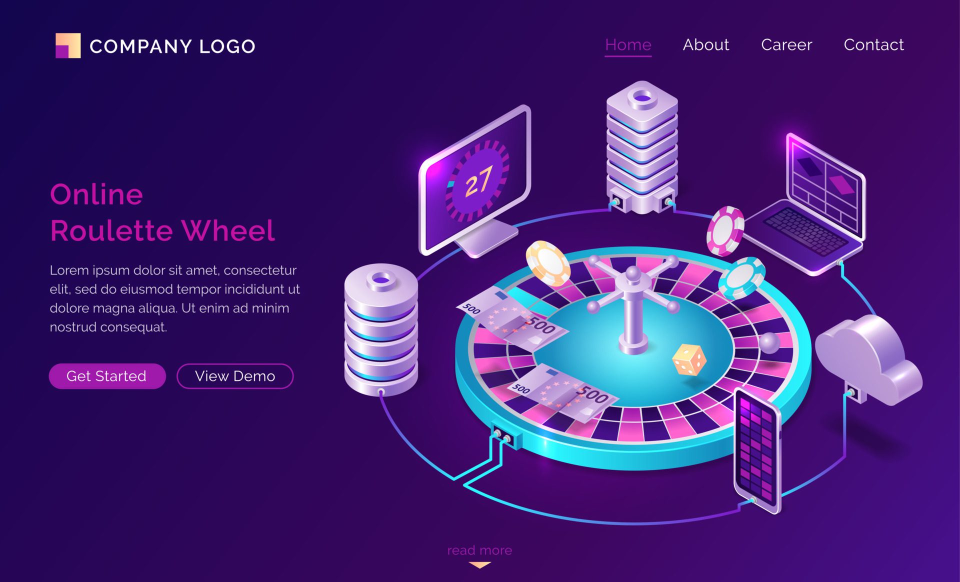 Online casino isometric landing page, web banner Free Vector