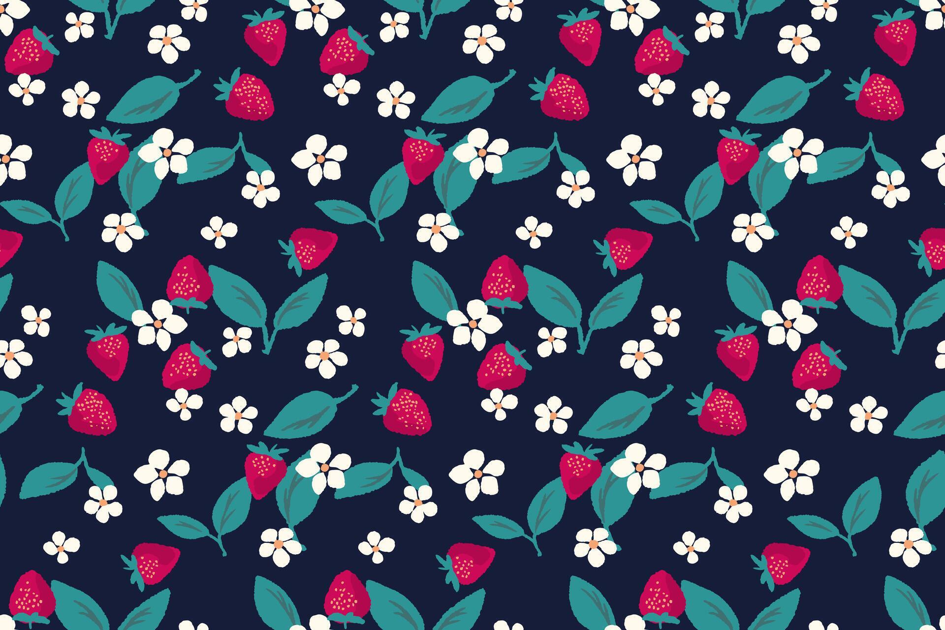 Cute stylized berries strawberries, flowers, leaves seamless pattern on a black background. hand drawn doodle sketch cartoon summer fruits printing. Stock Free