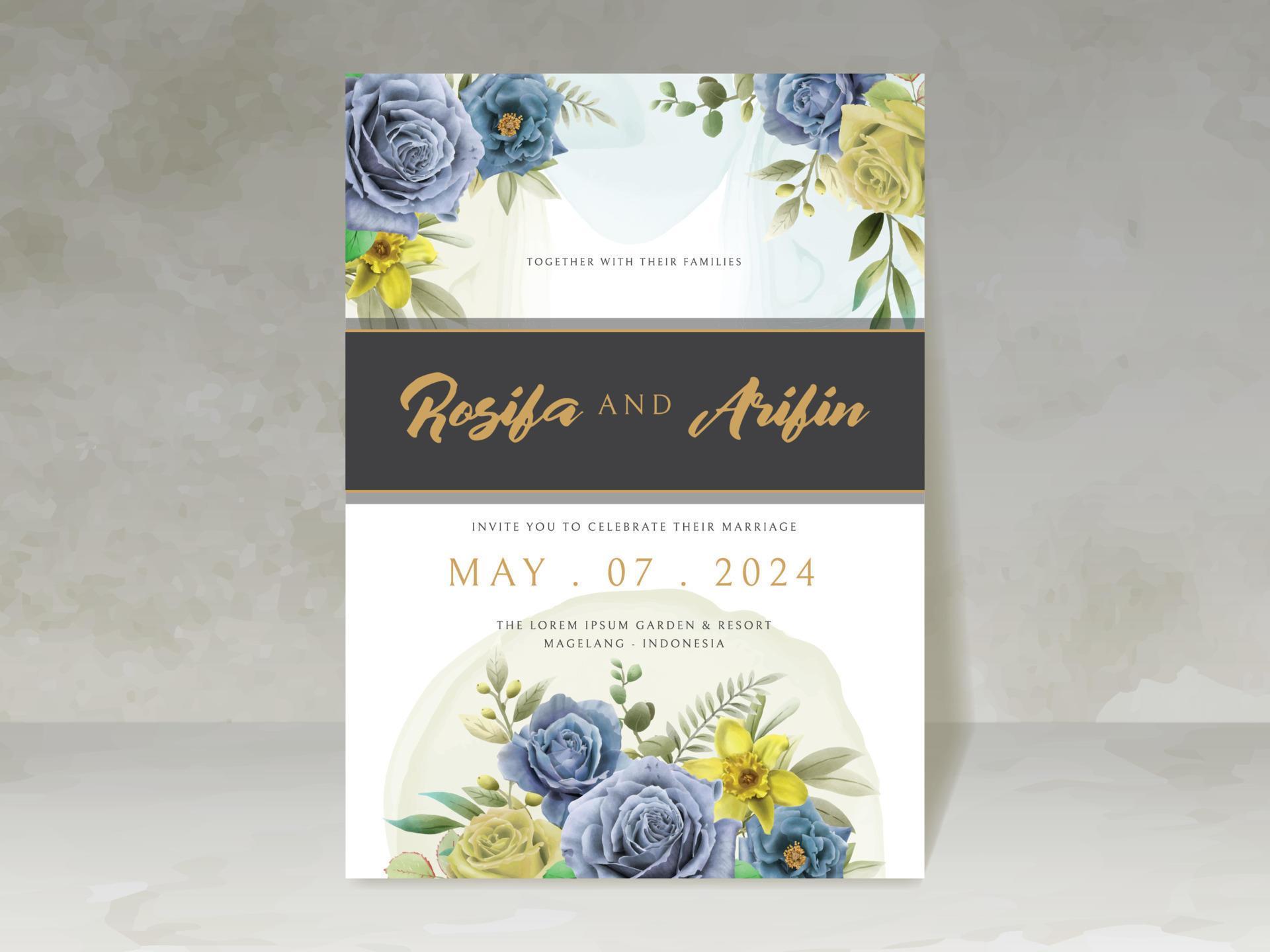 elegant wedding invitation card with blue and yellow flowers Stock Free