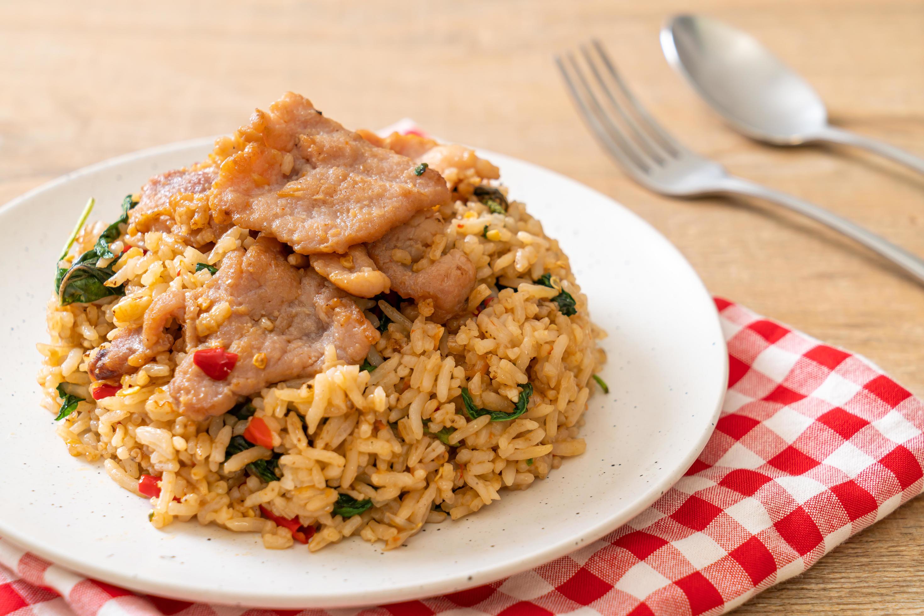 Fried rice with Thai basil and pork – Thai food style Stock Free