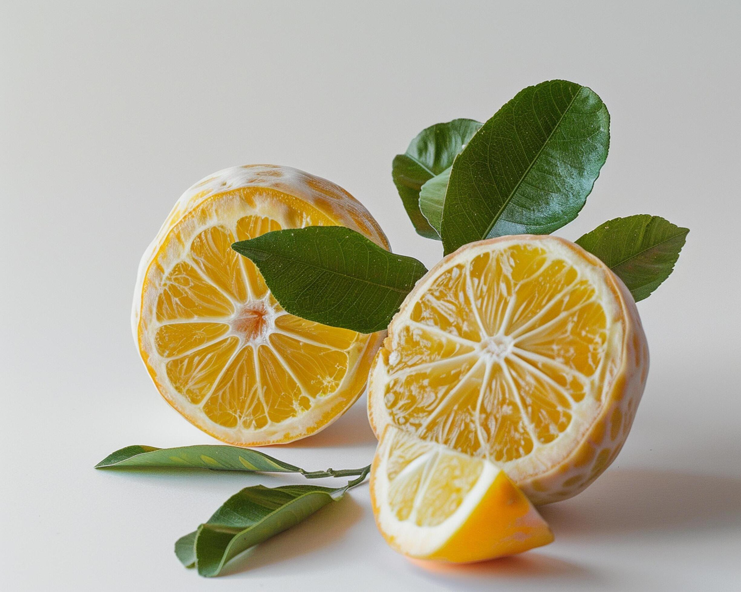 a half of an orange with leaves on it Stock Free