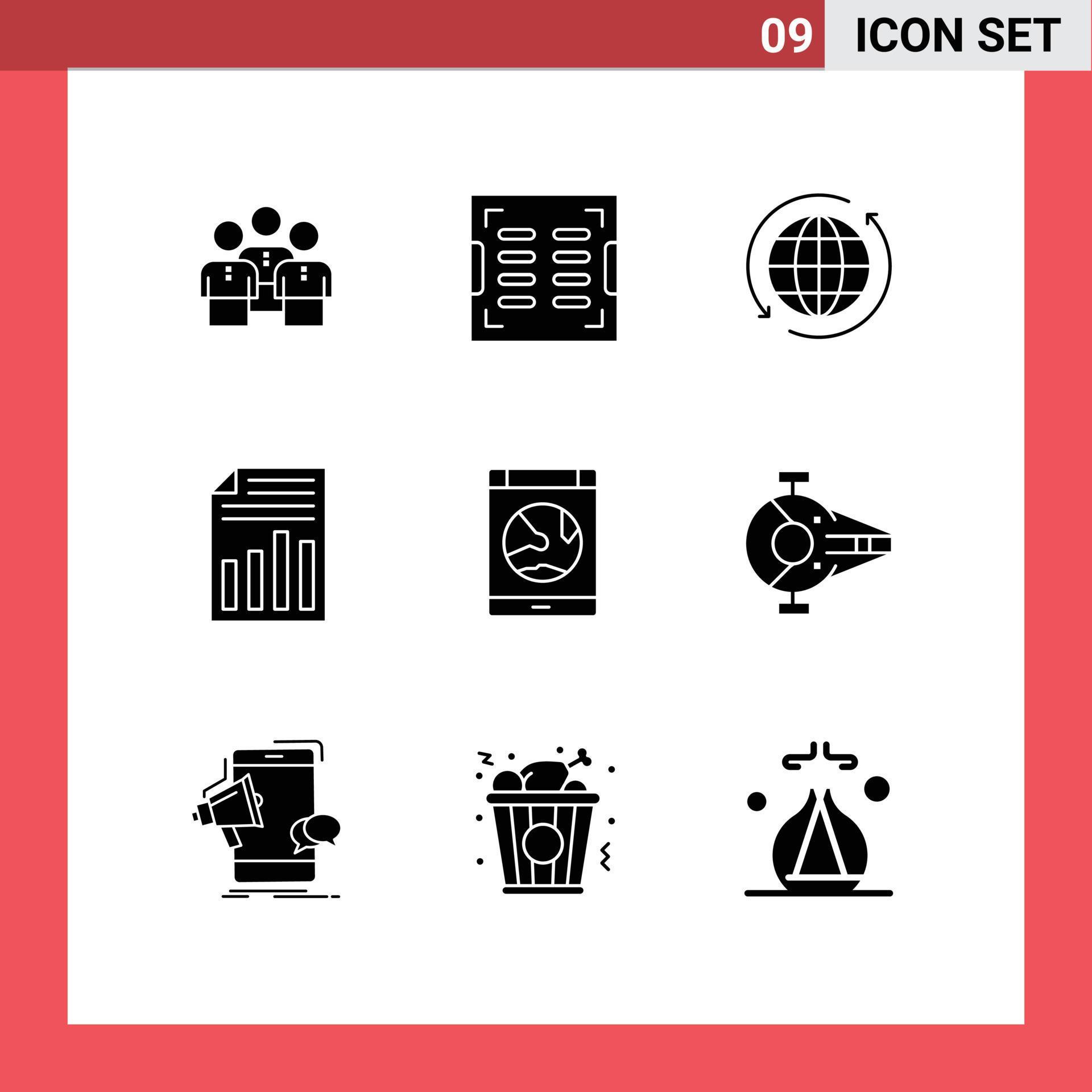 Mobile Interface Solid Glyph Set of 9 Pictograms of file arrow construction travel globe Editable Vector Design Elements Stock Free