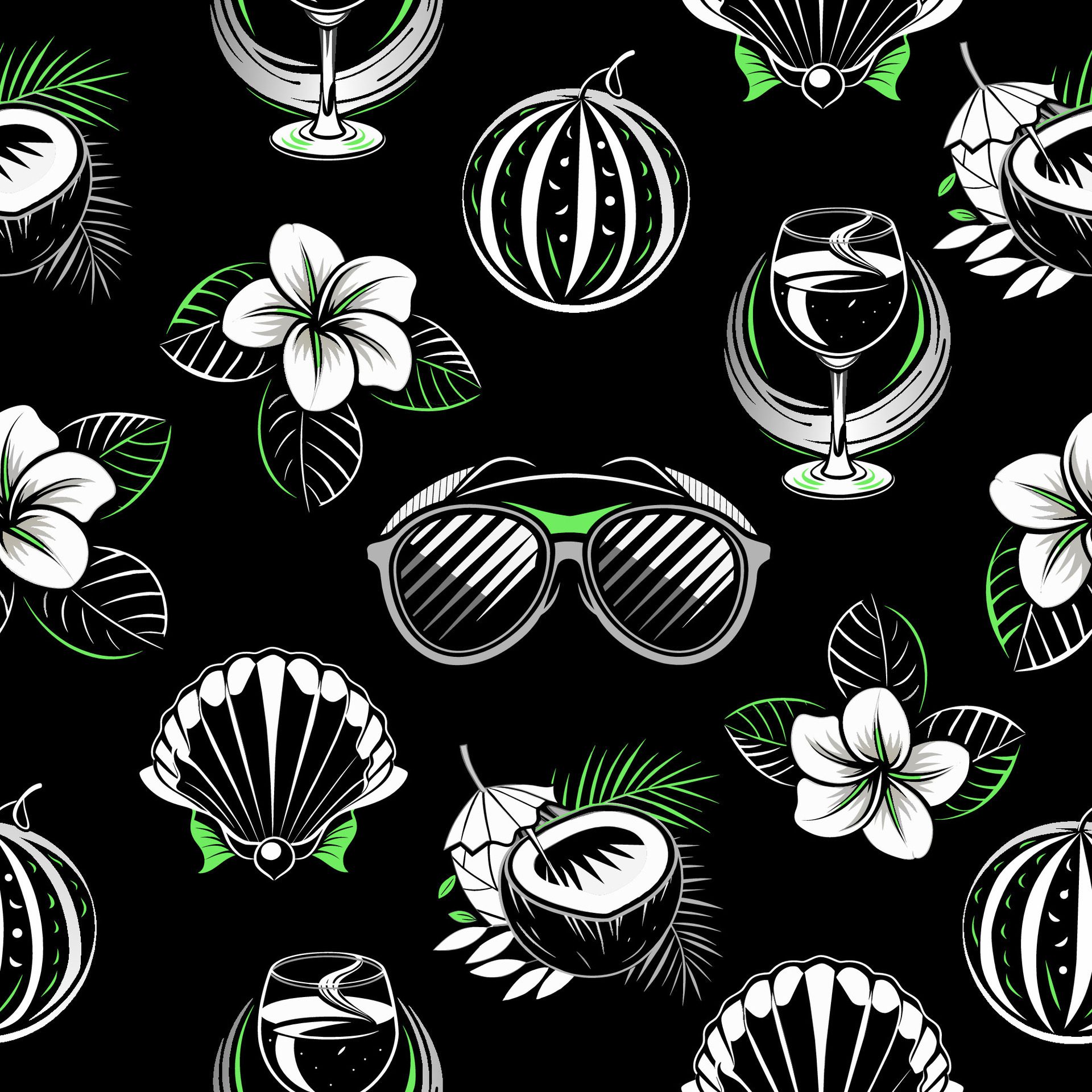 illustration of a seamless pattern with glasses watermelon, wine glass, shell and flowers on a black background. Free Vector