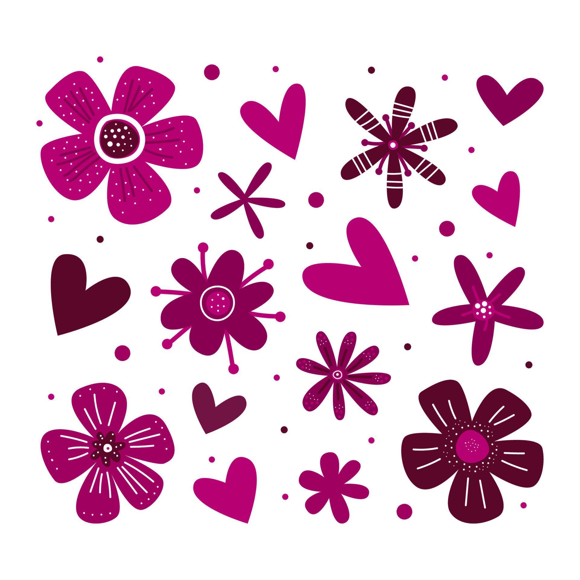 Valentines day romantic illustration with hearts and flowers. Love decoration design elements clipart set. 14 february holiday vector. Stock Free