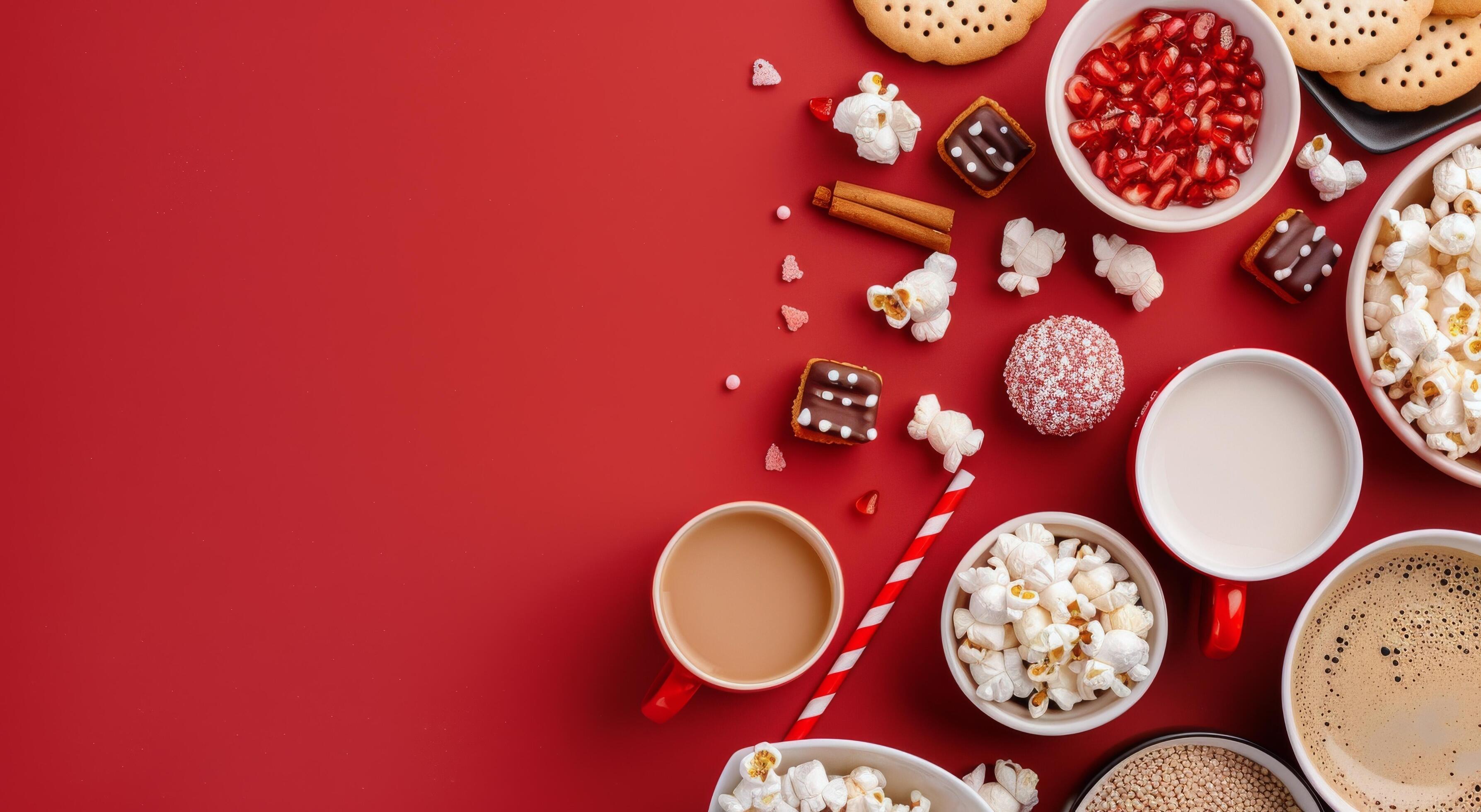 Cozy Hot Beverage and Treats on Red Background With Popcorn and Cookies Stock Free