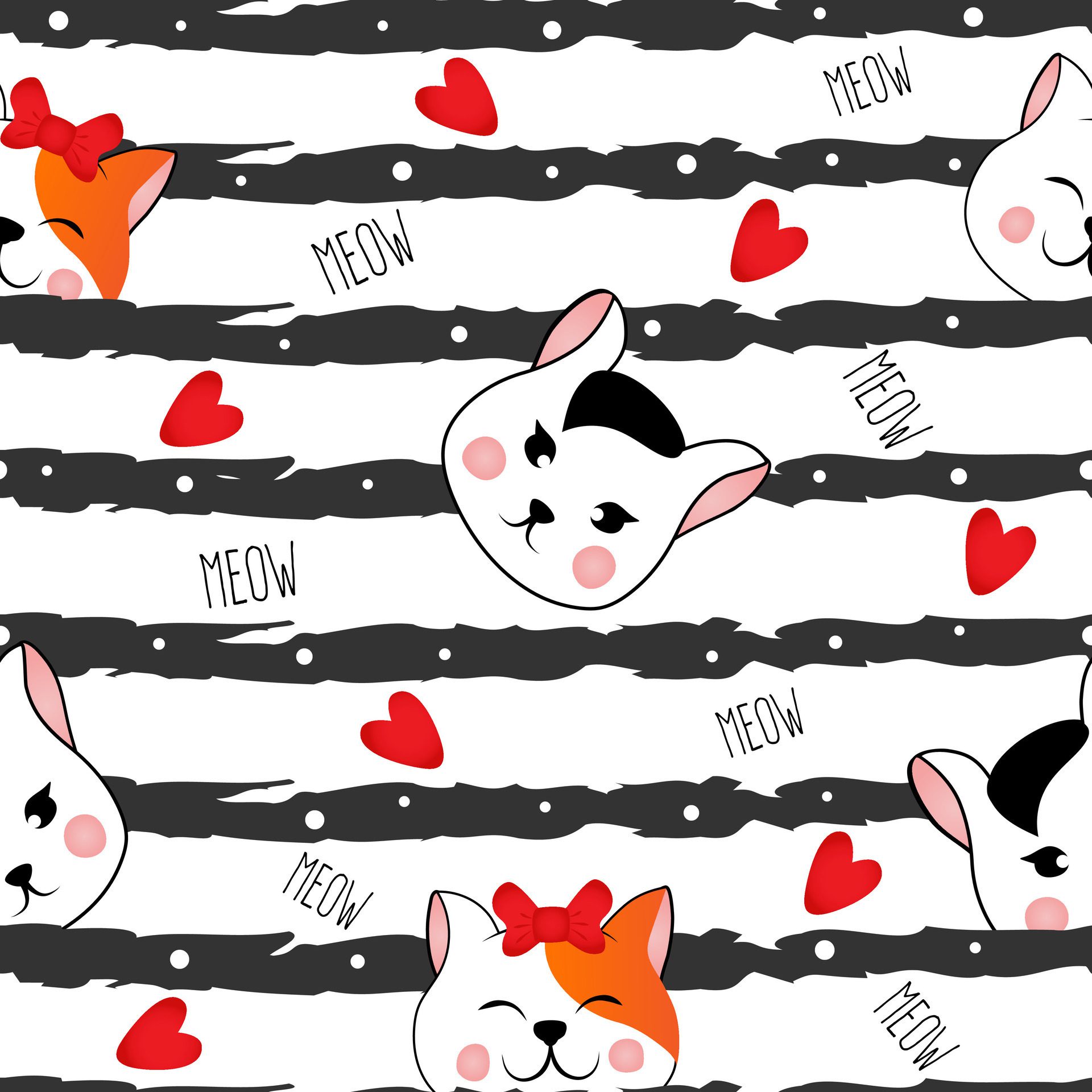 Seamless pattern with many different red and black and white heads of cats on white striped background. Illustration for children. Free Vector