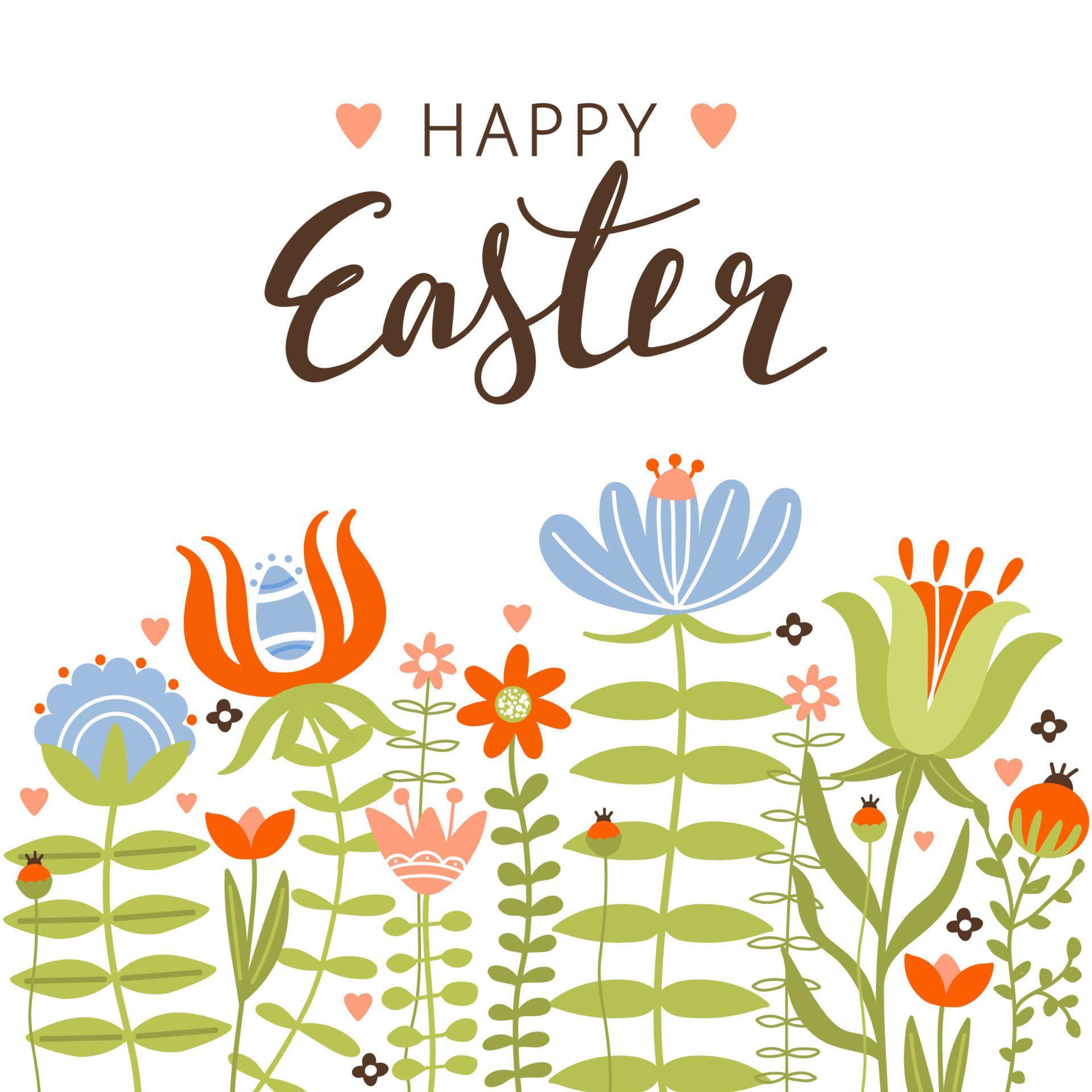 Happy Easter greeting card with various flowers and leaves. Floral composition with lettering. Vector illustration for card, invitation, poster, flyer etc. Stock Free