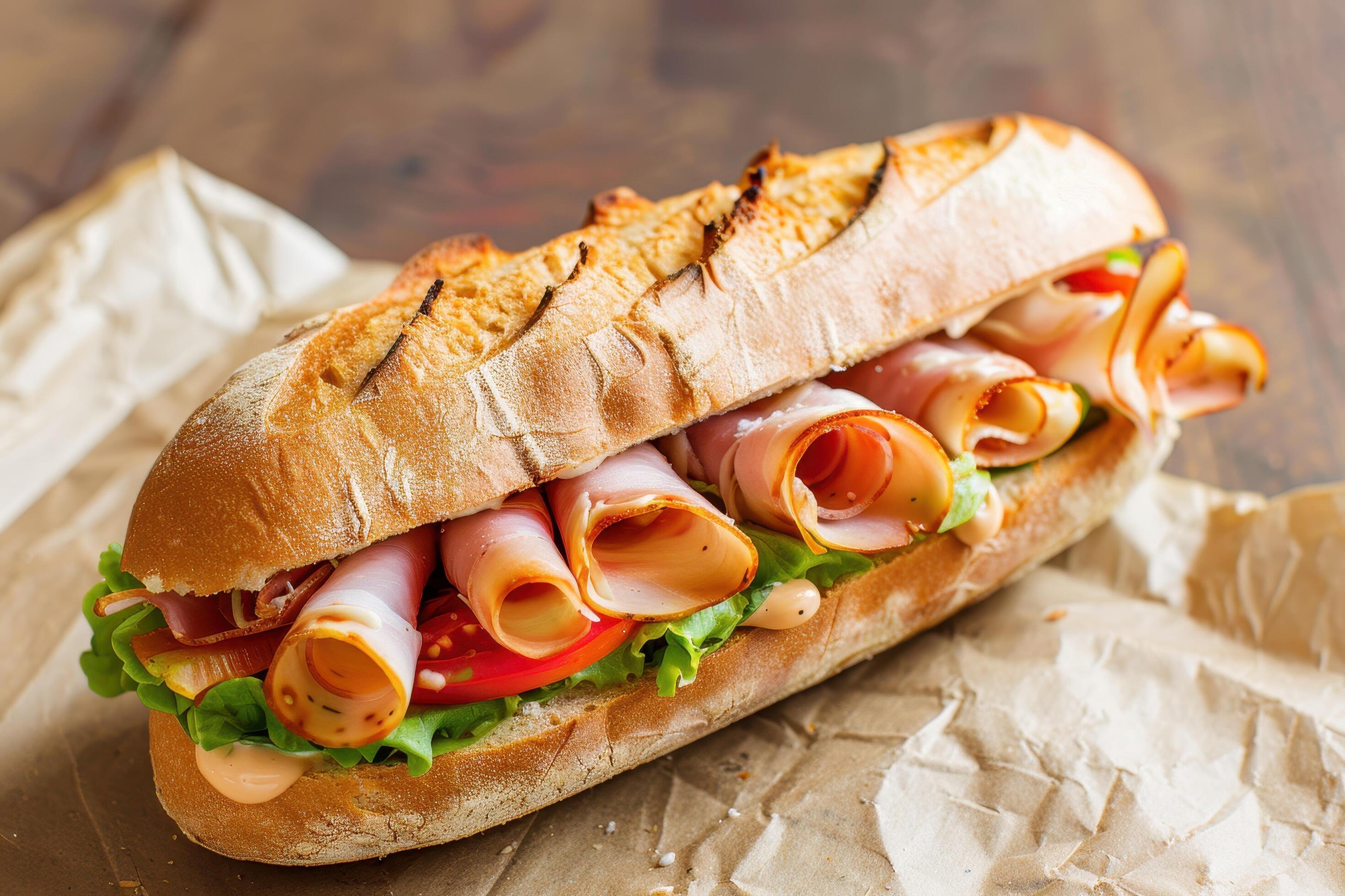 Ham and Tomato Sub on a Brown Paper Background Stock Free