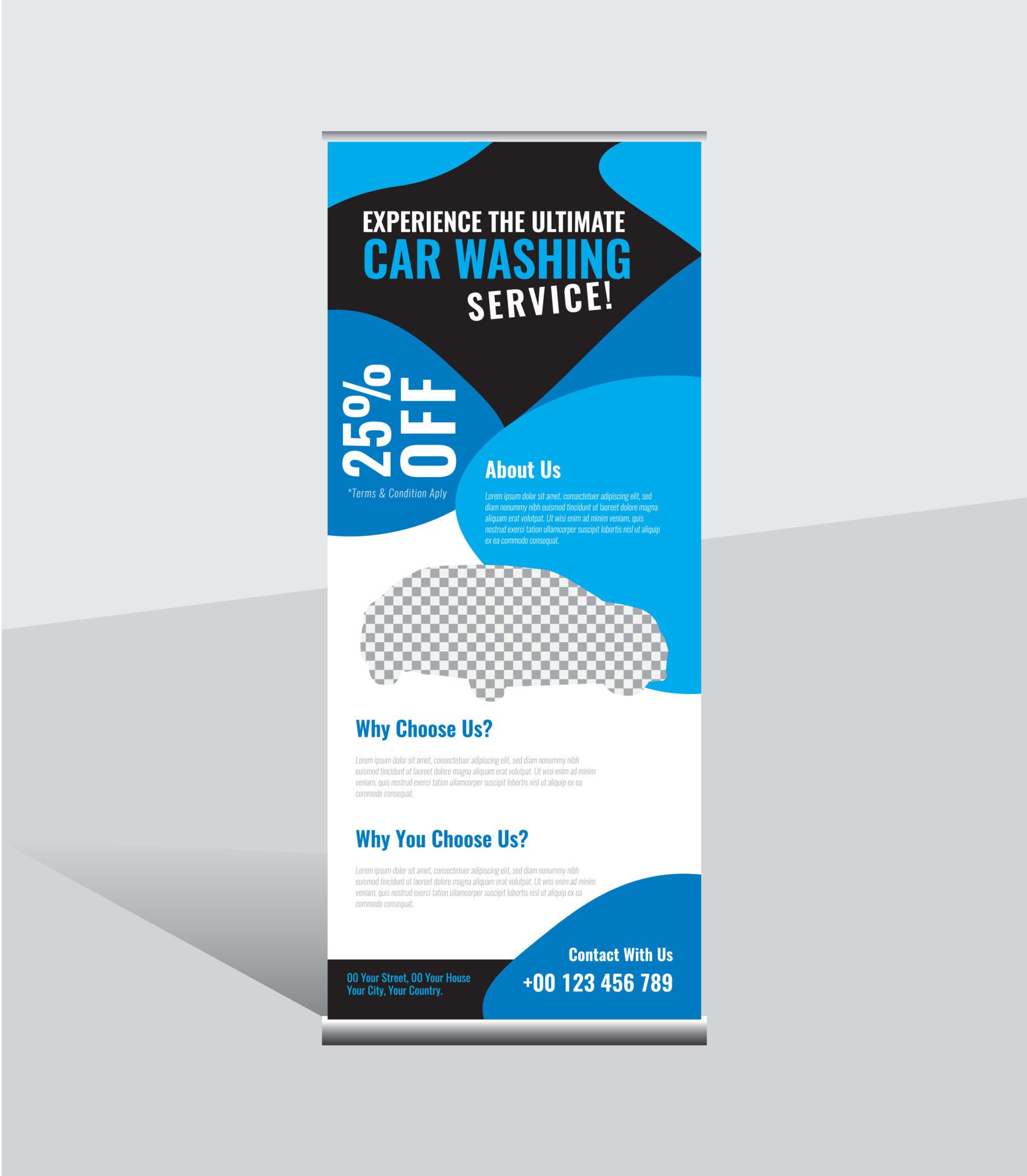 Car Wash Rollup Banner Template, pull up, advertisement, display banner for automobile, advertisement standee. Free Vector and Free SVG