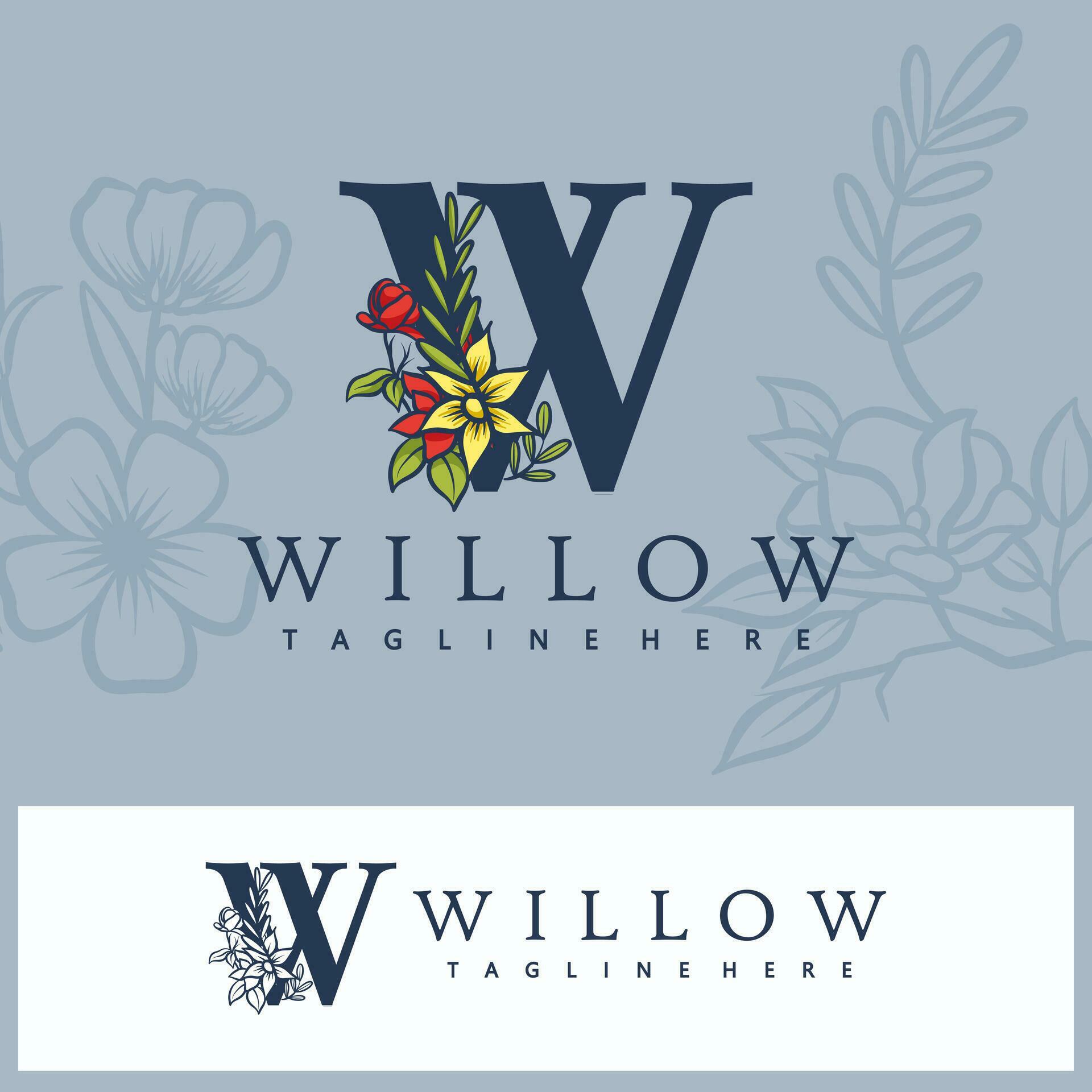 Floral botanical alphabet. Vintage hand drawn monogram letter W. inscription with plants and flowers. Vector letters isolated with color Stock Free