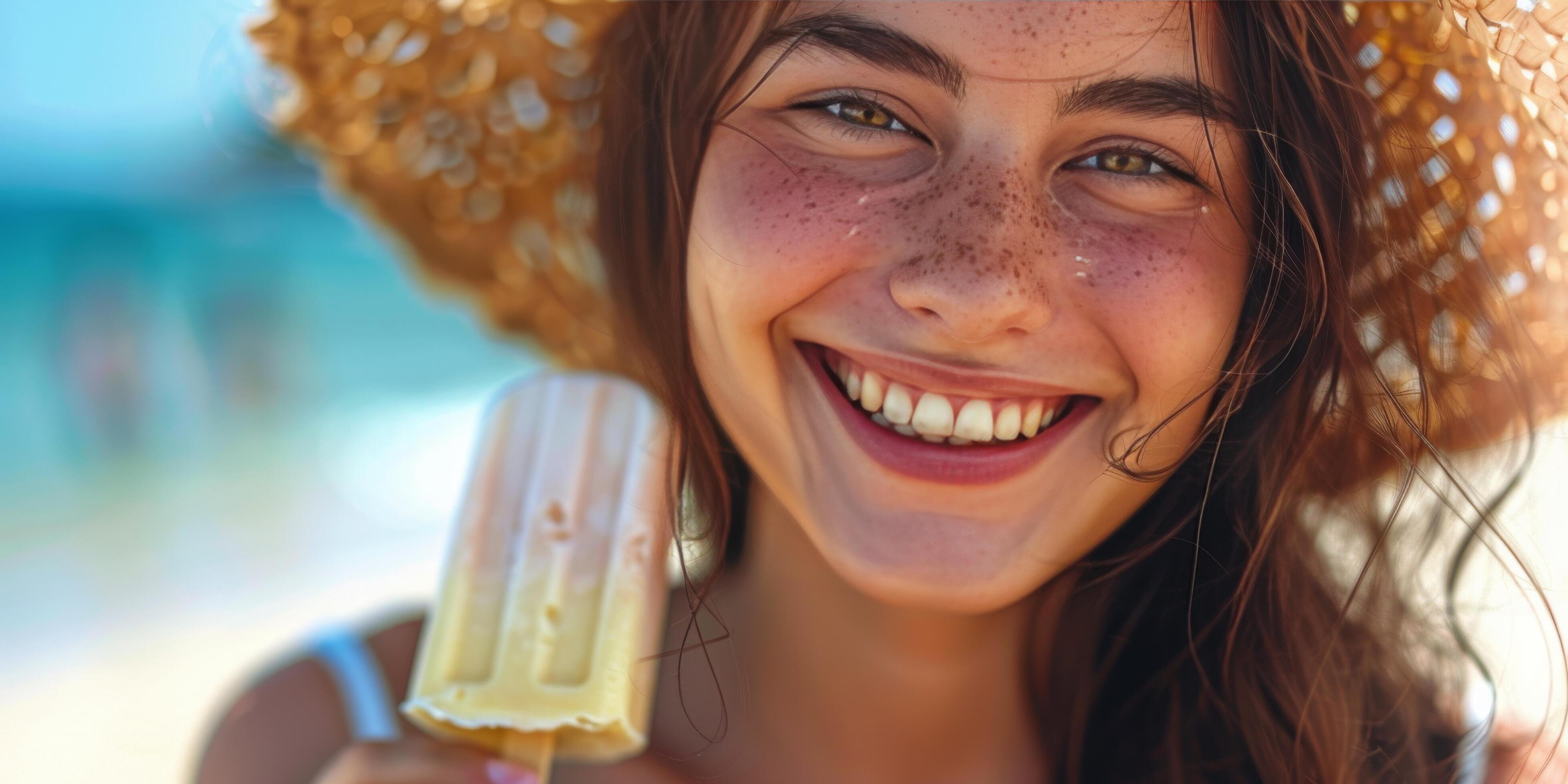 Happy Woman Enjoying Summer Ice Cream on Beach Stock Free