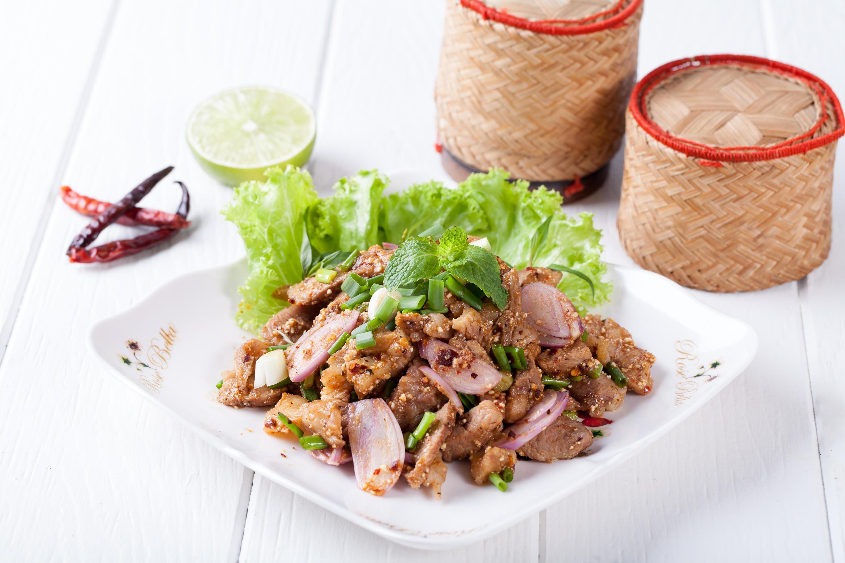 Spicy roasted pork salad , Thai food Stock Free