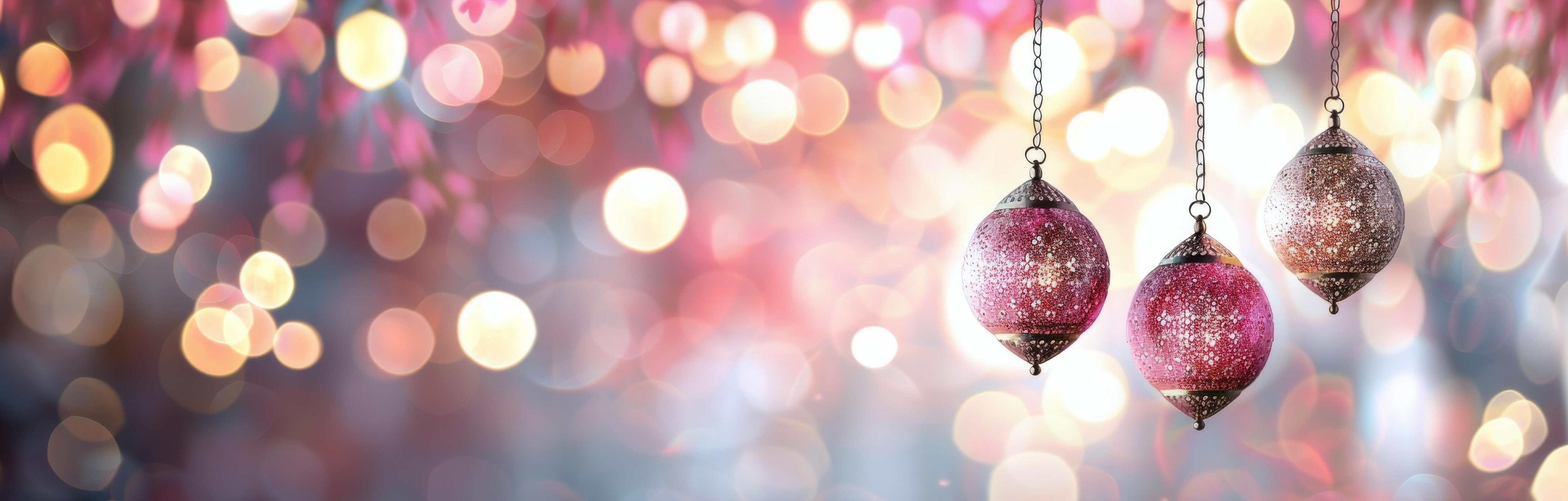 Colorful Glittering Ornaments Hanging Against a Blurred Festive Background Stock Free