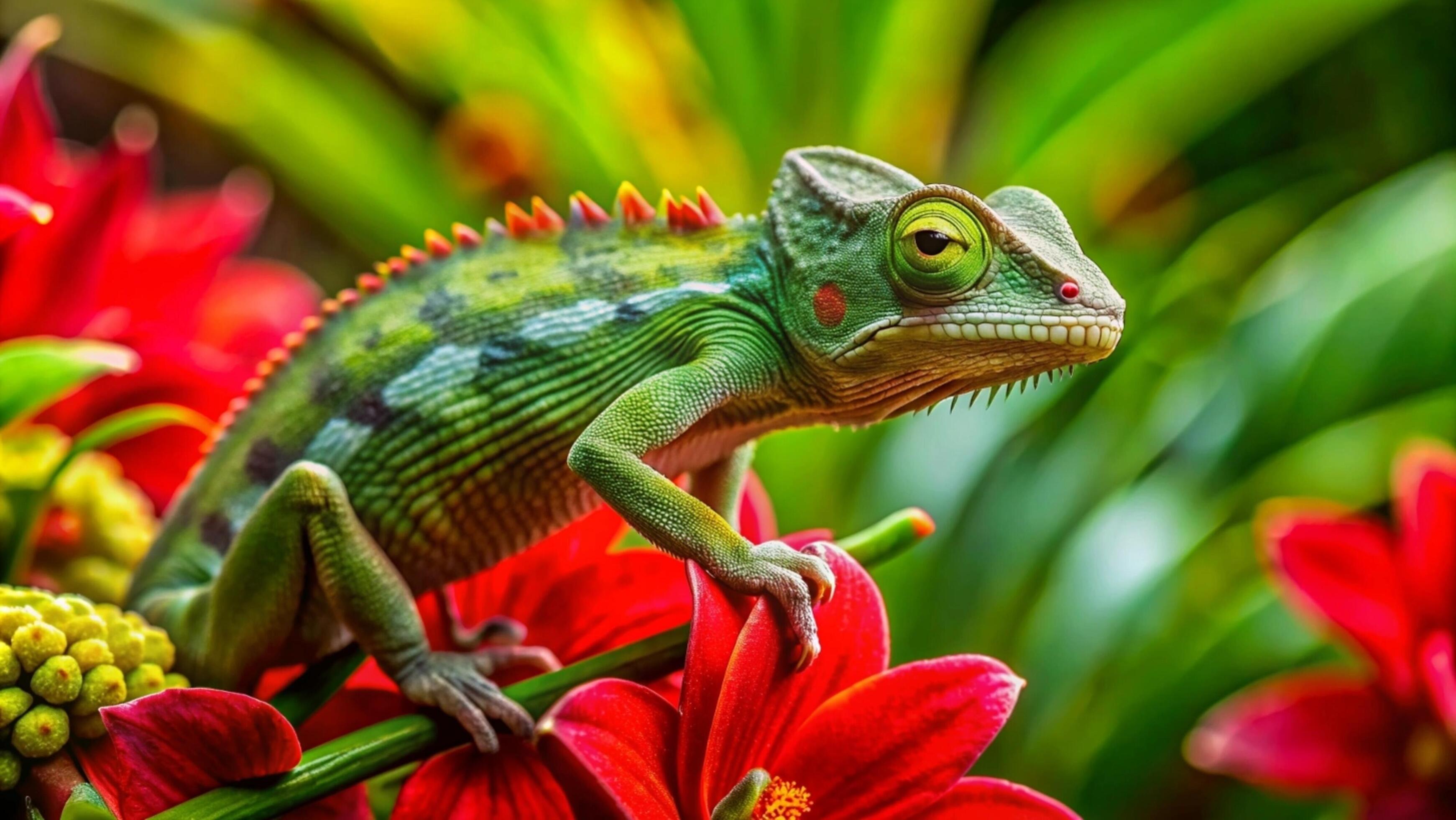 A vibrant chameleon camouflaging against a lush green forest background. Stock Free