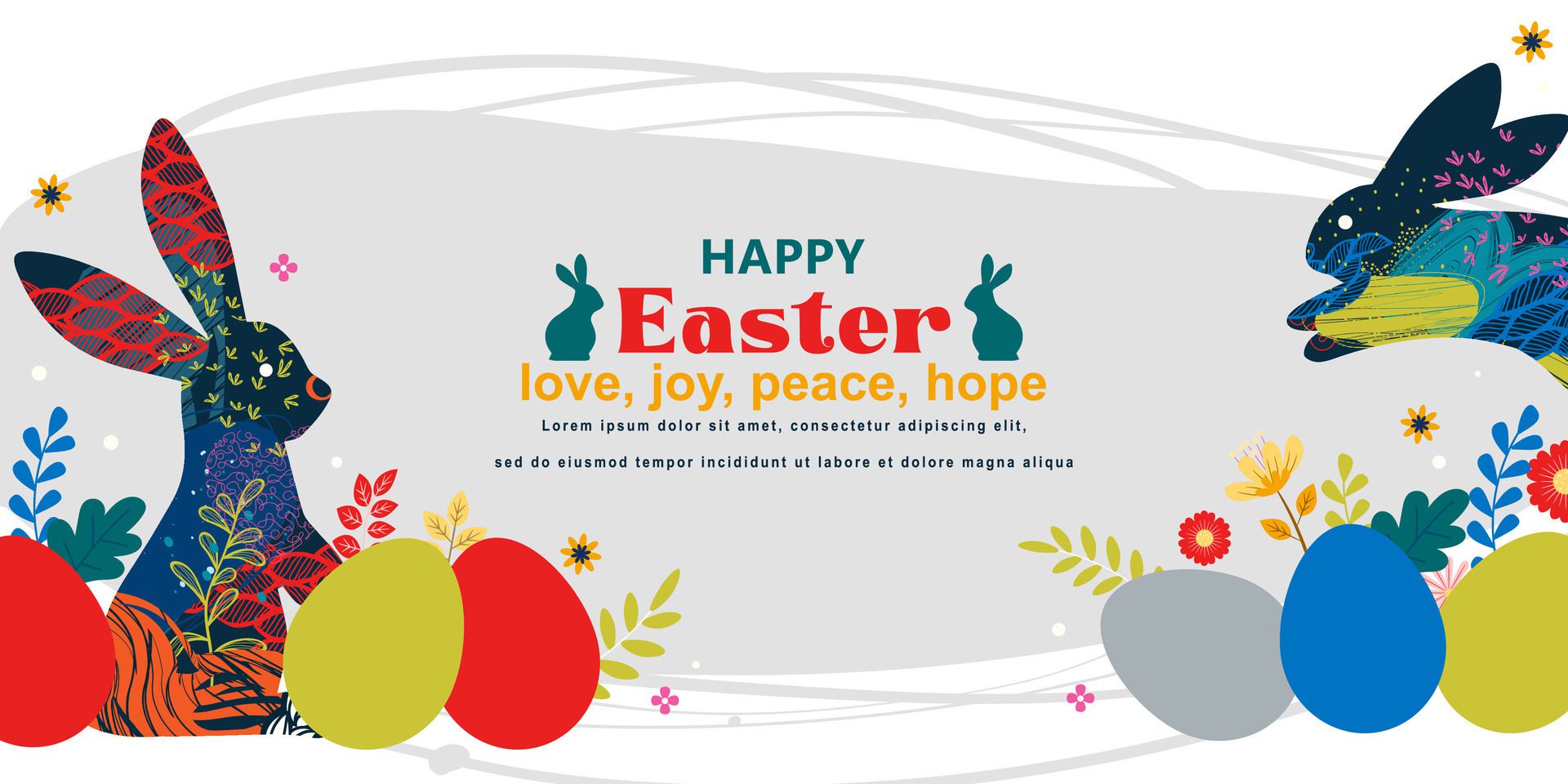 Happy Easter banner with frame made of eggs bunnies and spring flowers in flat style Free Vector