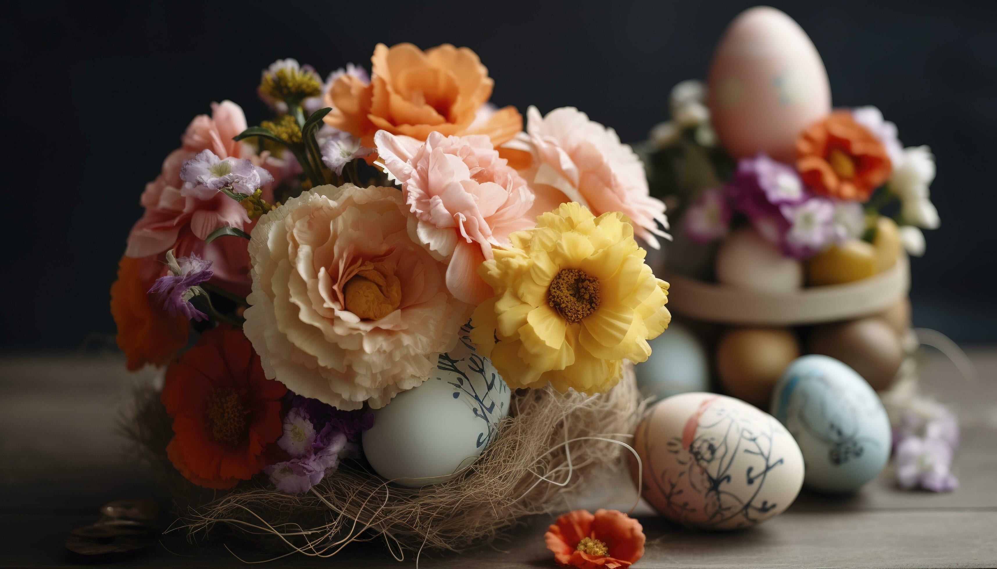 Easter Egg Decoration With Flower Bouquet, generate ai Stock Free