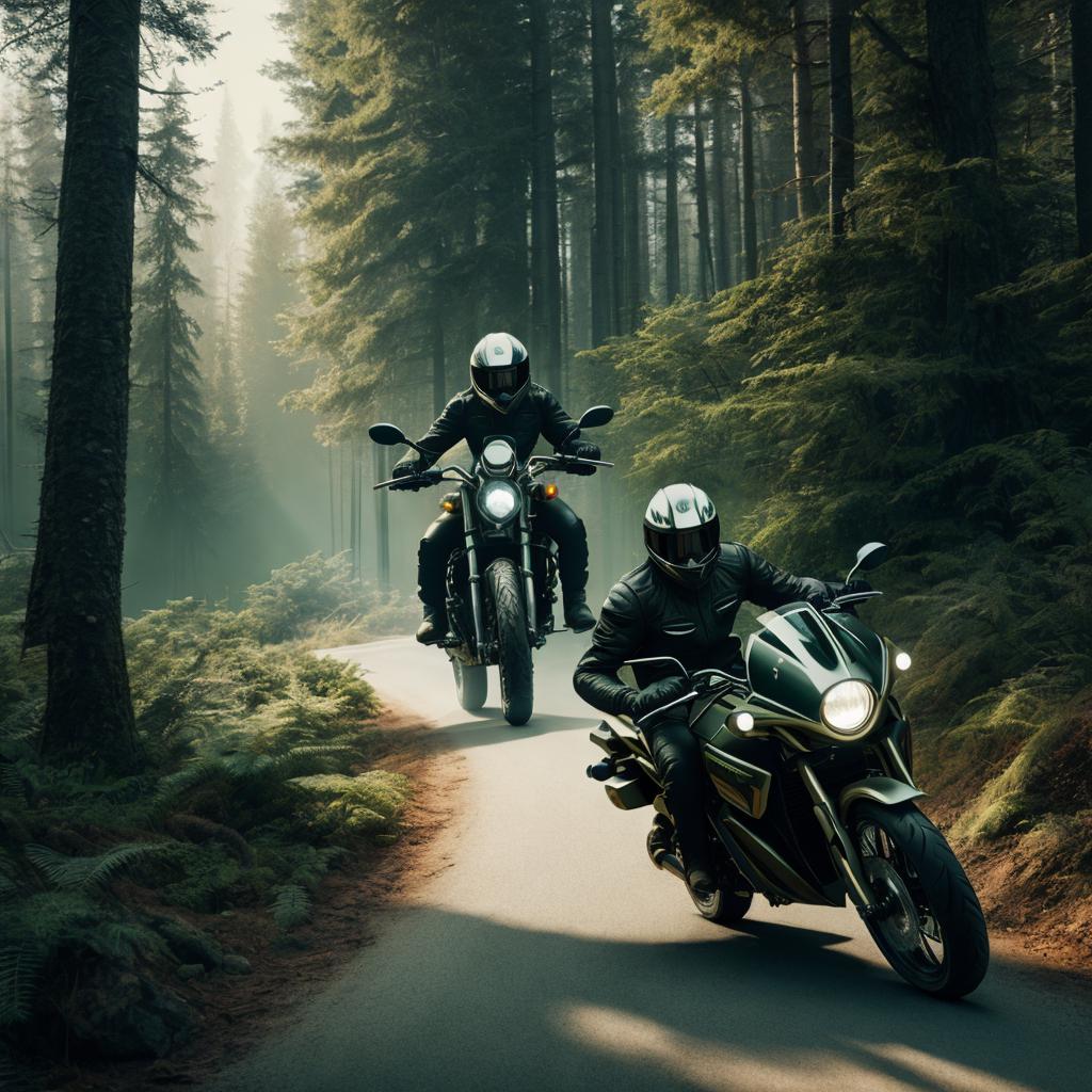 Motorradfahrer im Wald Futurism,Octane by @ai_generated