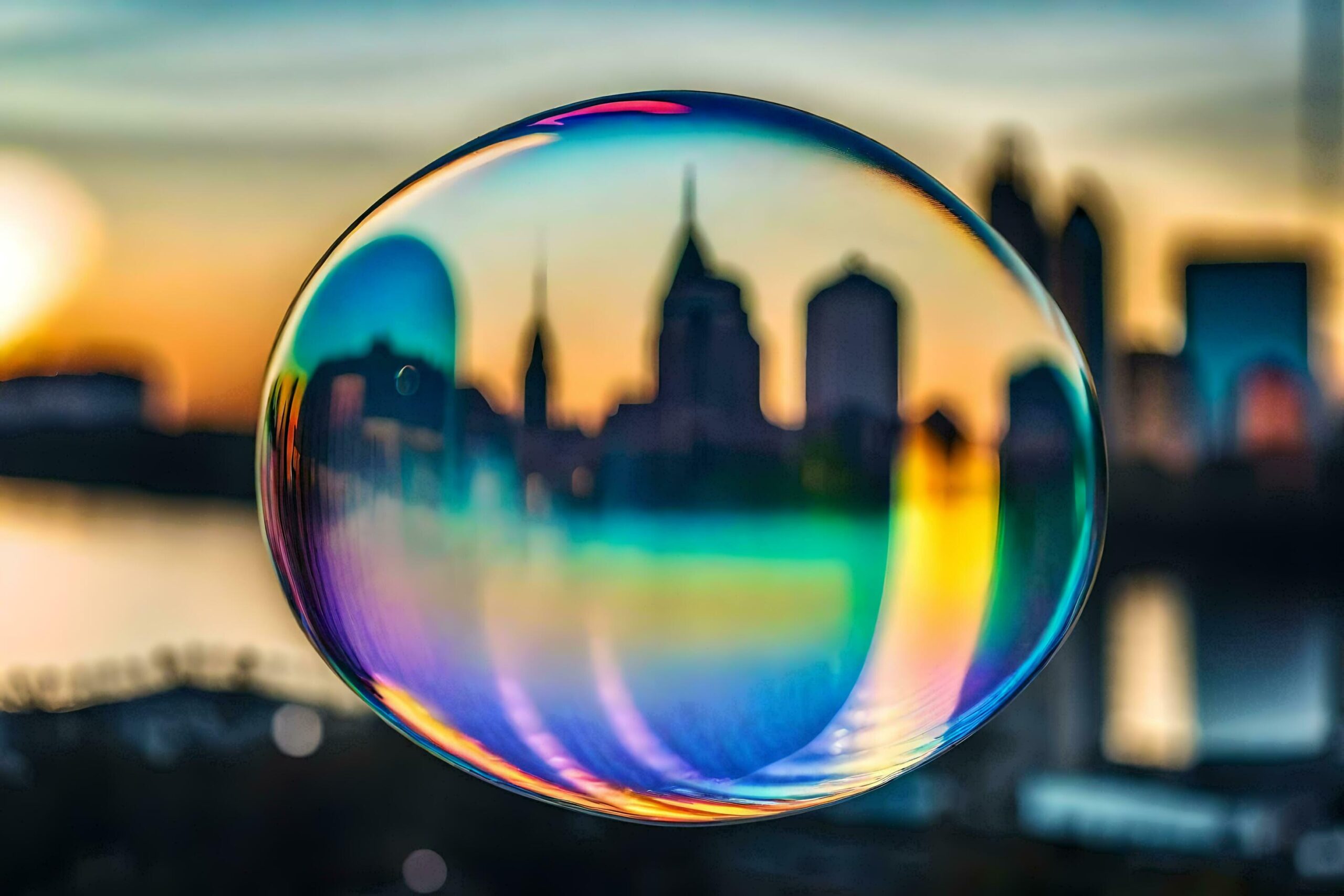 a soap bubble with a city skyline in the background Free Photo