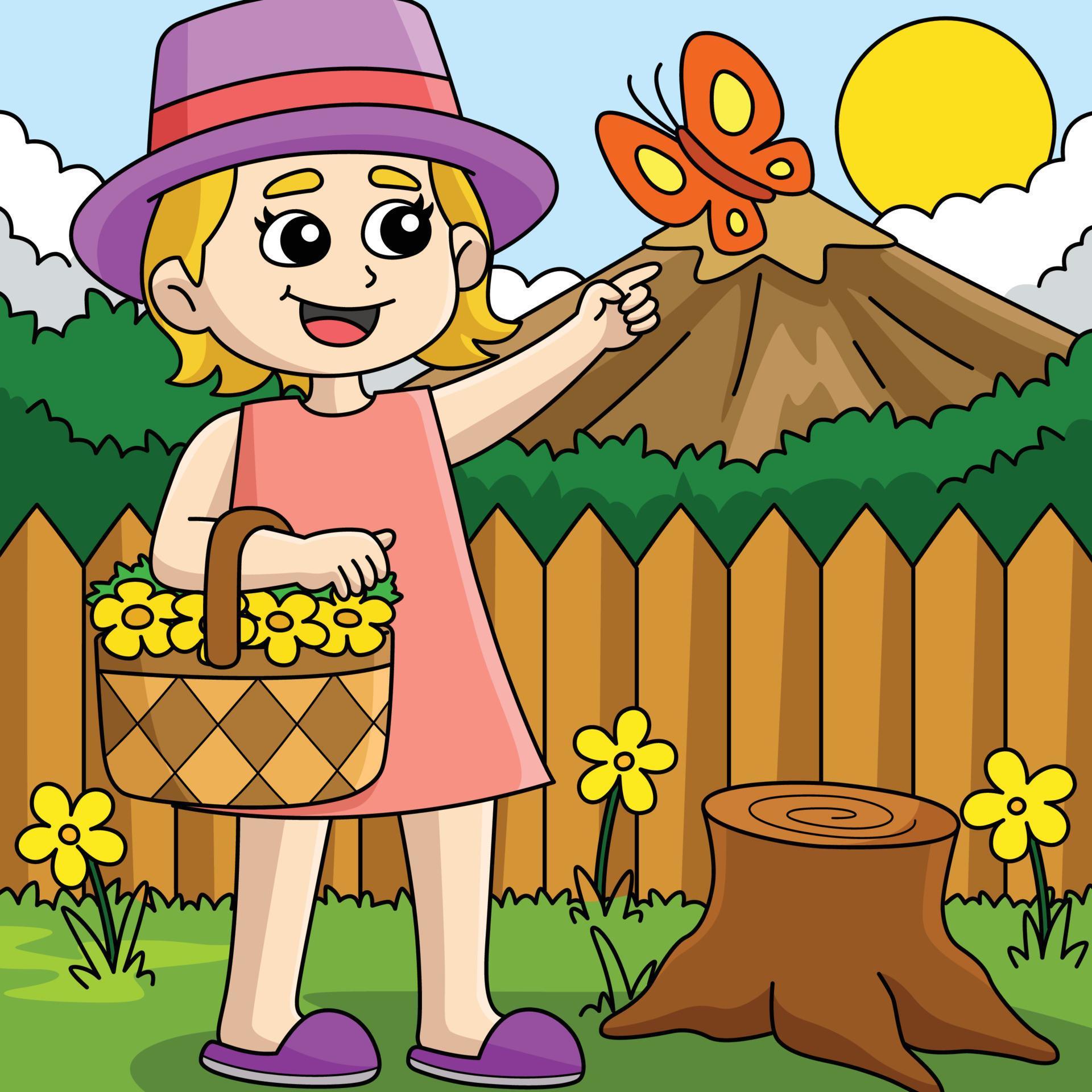 Spring Girl Holding a Basket Flower Colored Stock Free