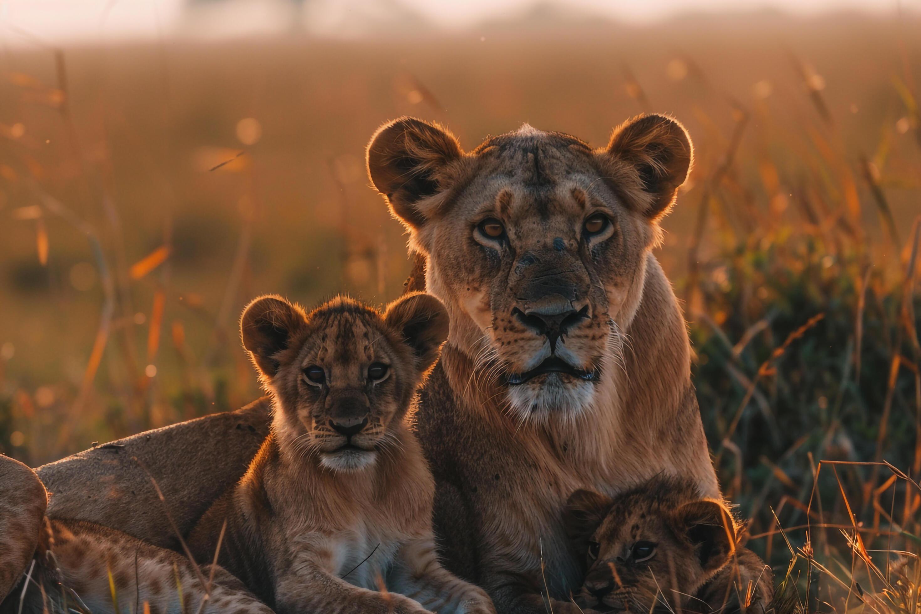 Lioness with cubs in the savannah. nature background. warm. familial scene with natural beauty and playful interaction Stock Free