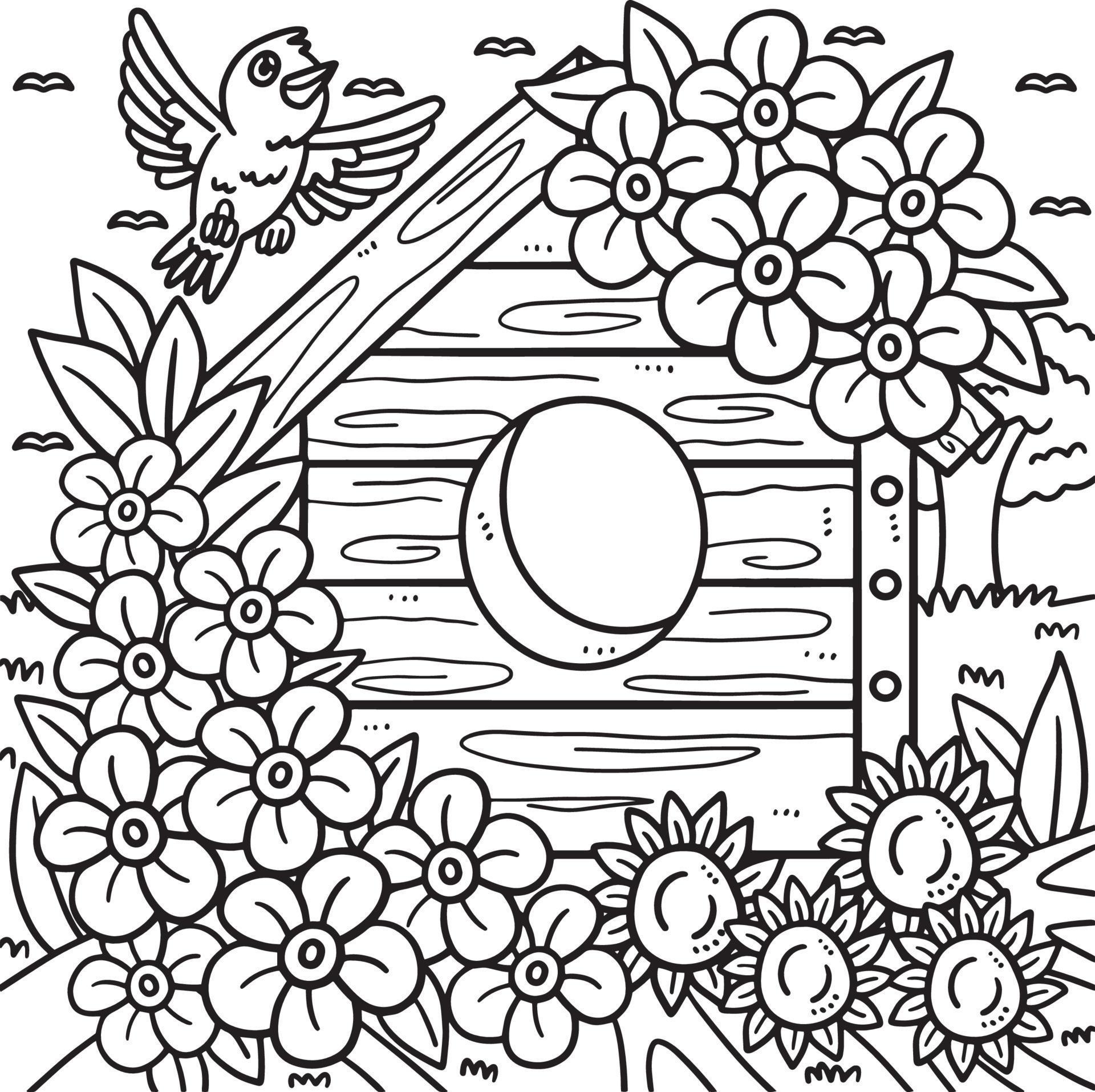 Spring Bird House With Flowers Coloring Page Stock Free