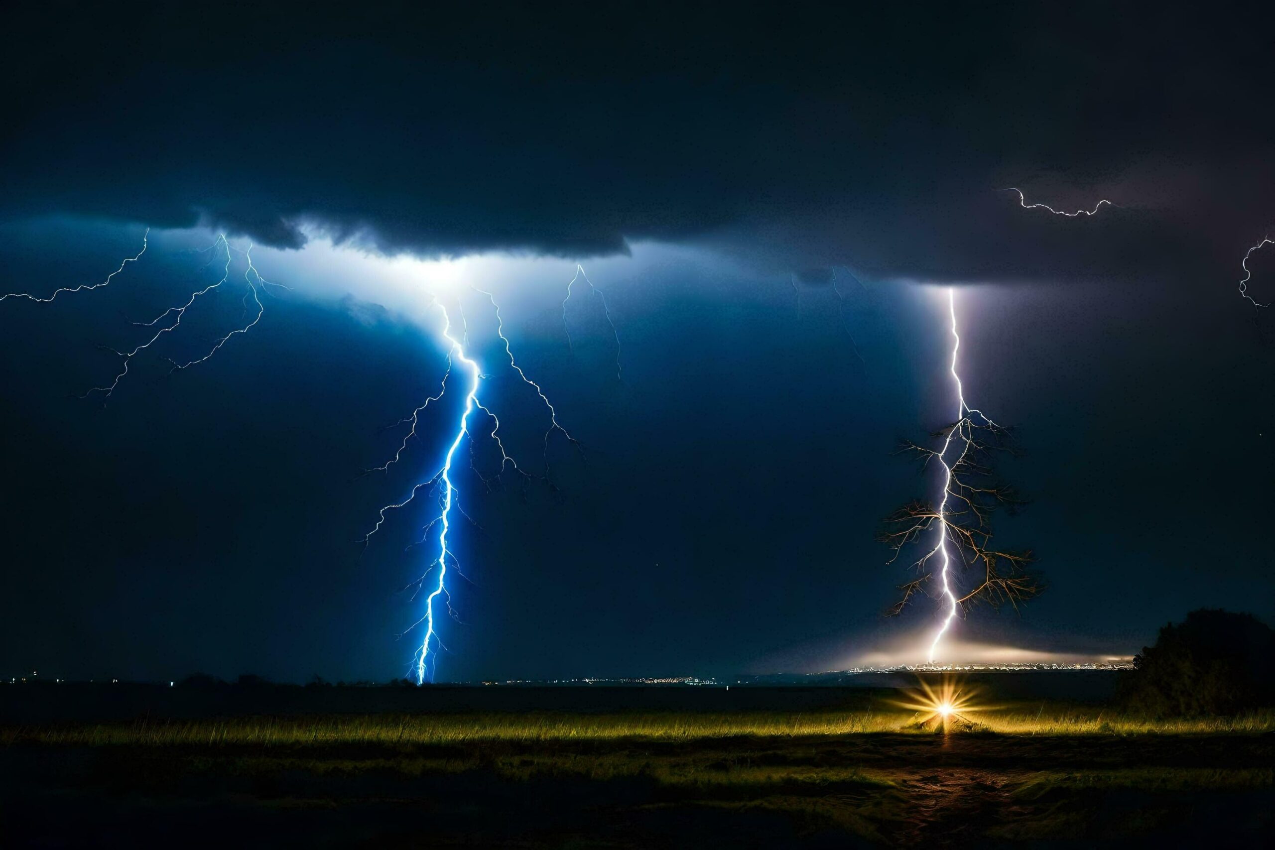 lightning strikes over a field with a tree in the background Free Photo