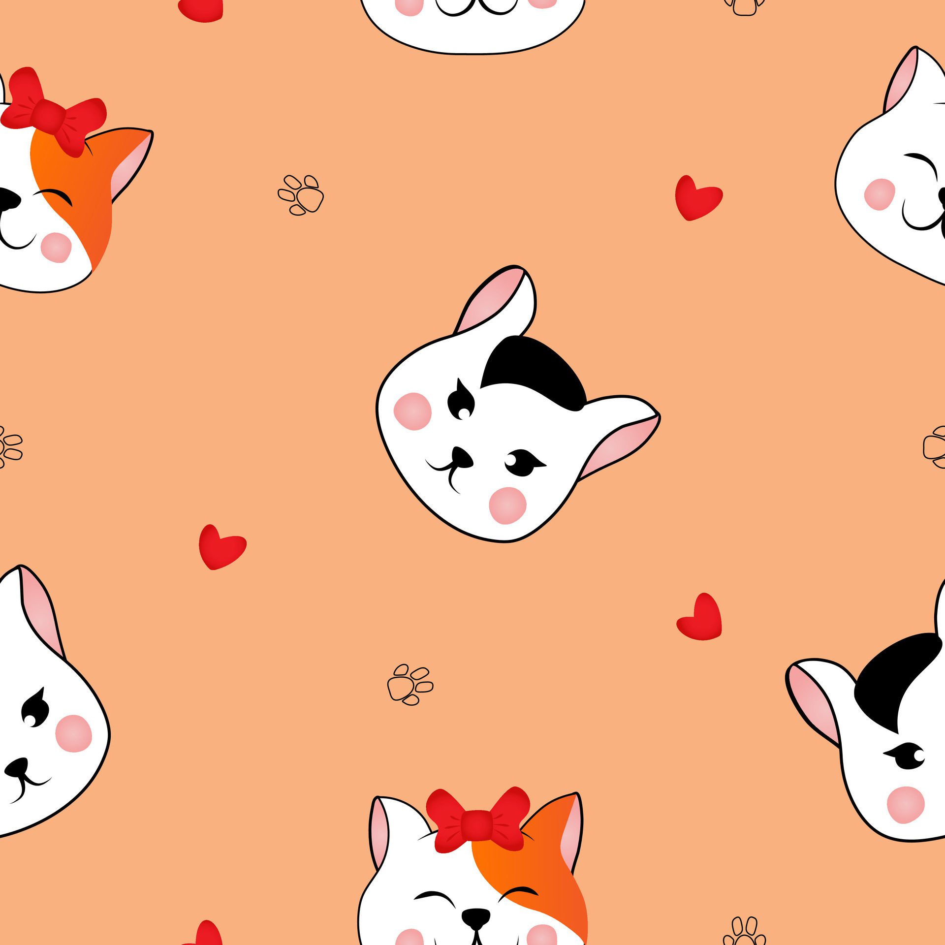 Seamless pattern with many different red and black and white heads of cats on orange background. Illustration for children. Free Vector