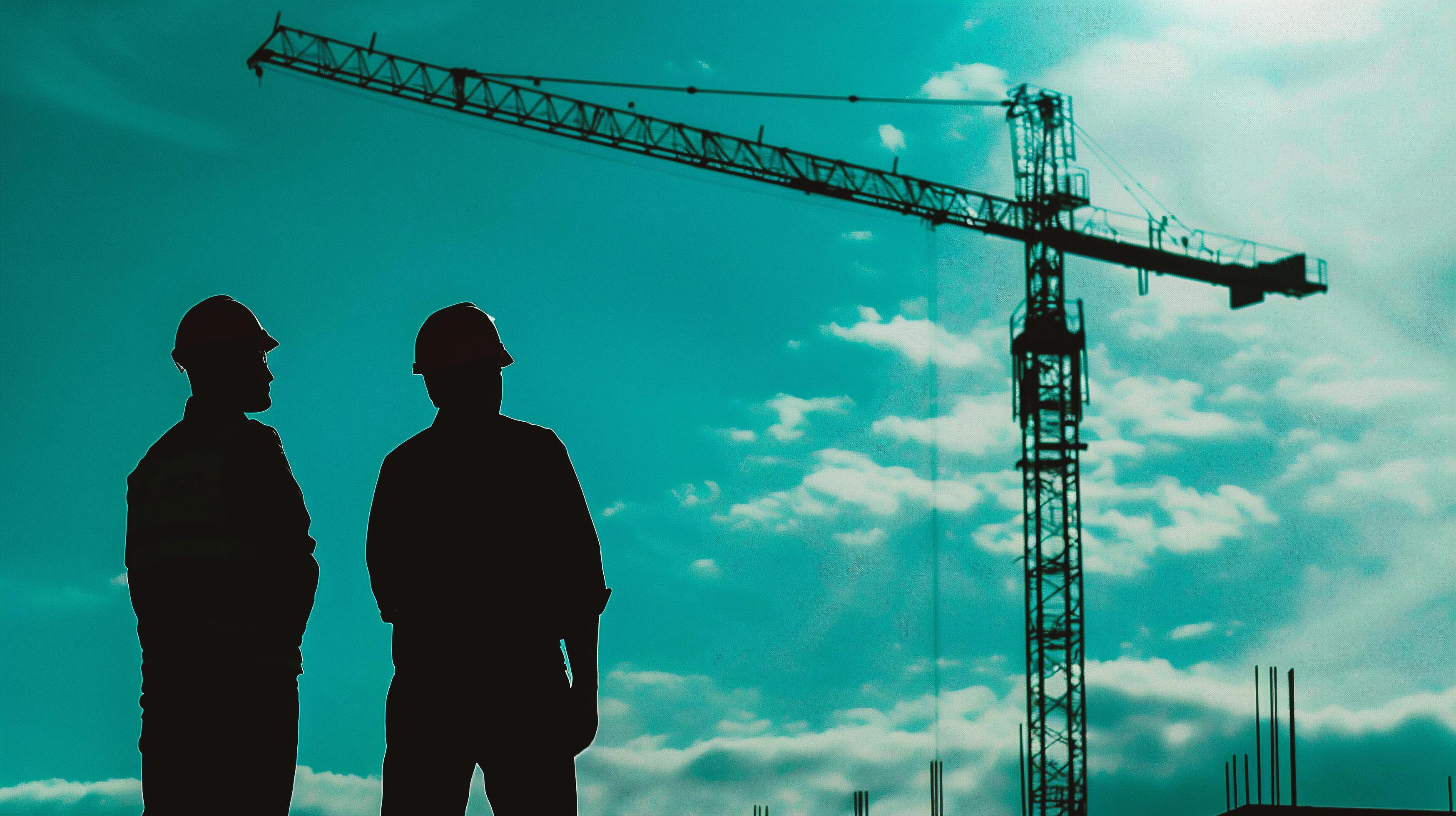 silhouette of engineer and construction worker on the background of building Stock Free