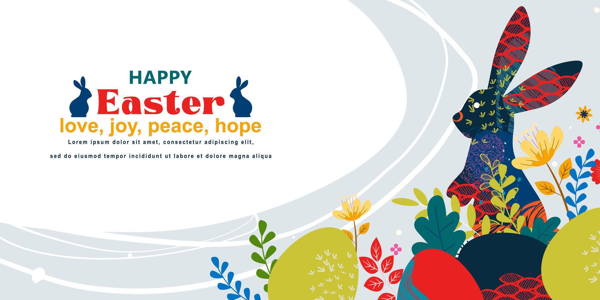 Happy Easter banner with frame made of eggs bunnies and spring flowers in flat style Stock Free