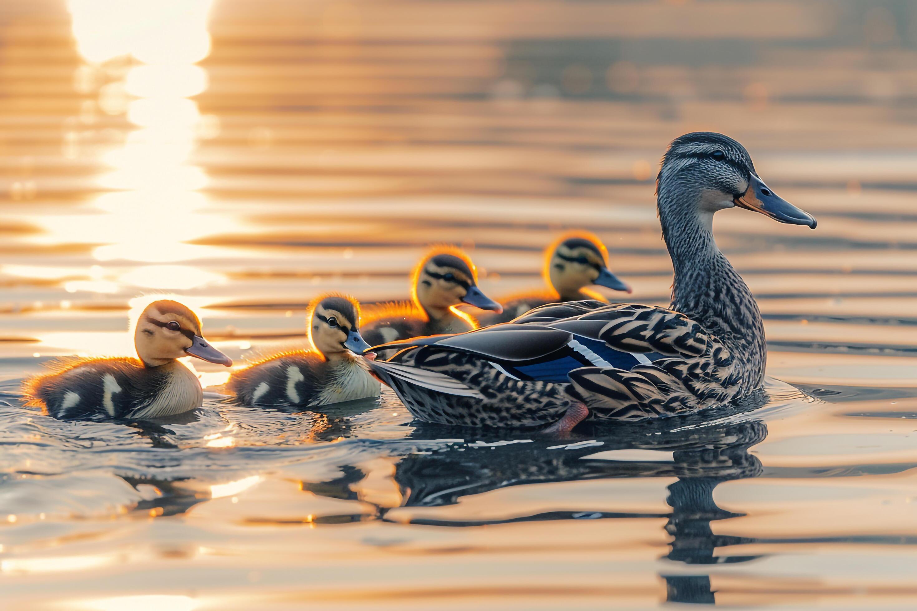 family of ducks swimming peacefully in a tranquil pond nature background Stock Free