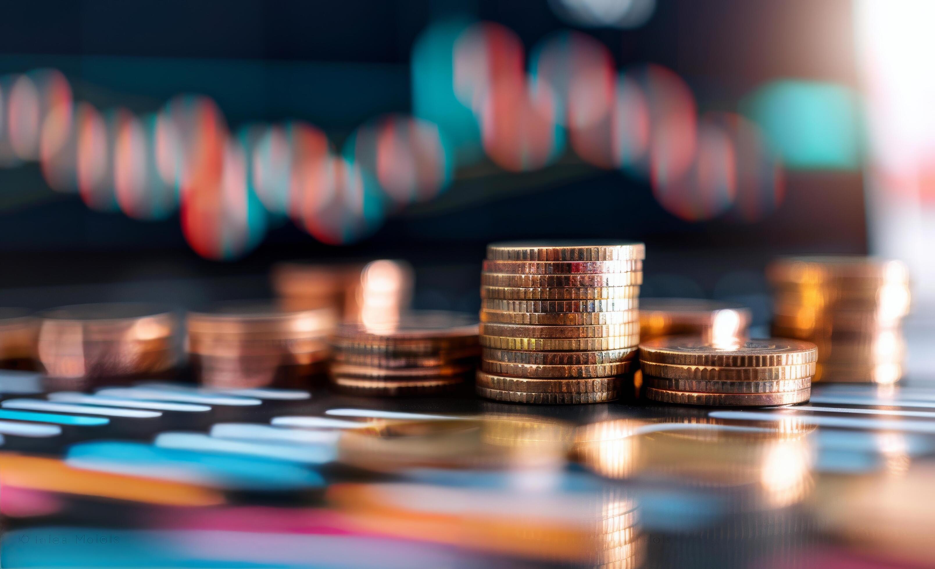 Stacks of Coins on a Colorful Financial Chart Background in a Bright Workspace Stock Free