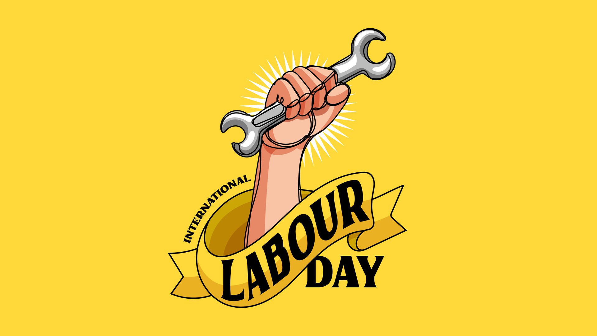 International Labour Day Banner With Fist and Wrench Hand Drawn Illustration Free Vector