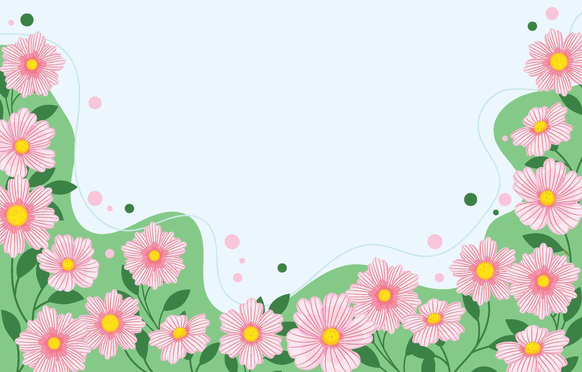 Flower background with pink cosmos flowers and green leaves. Vector illustration. Stock Free