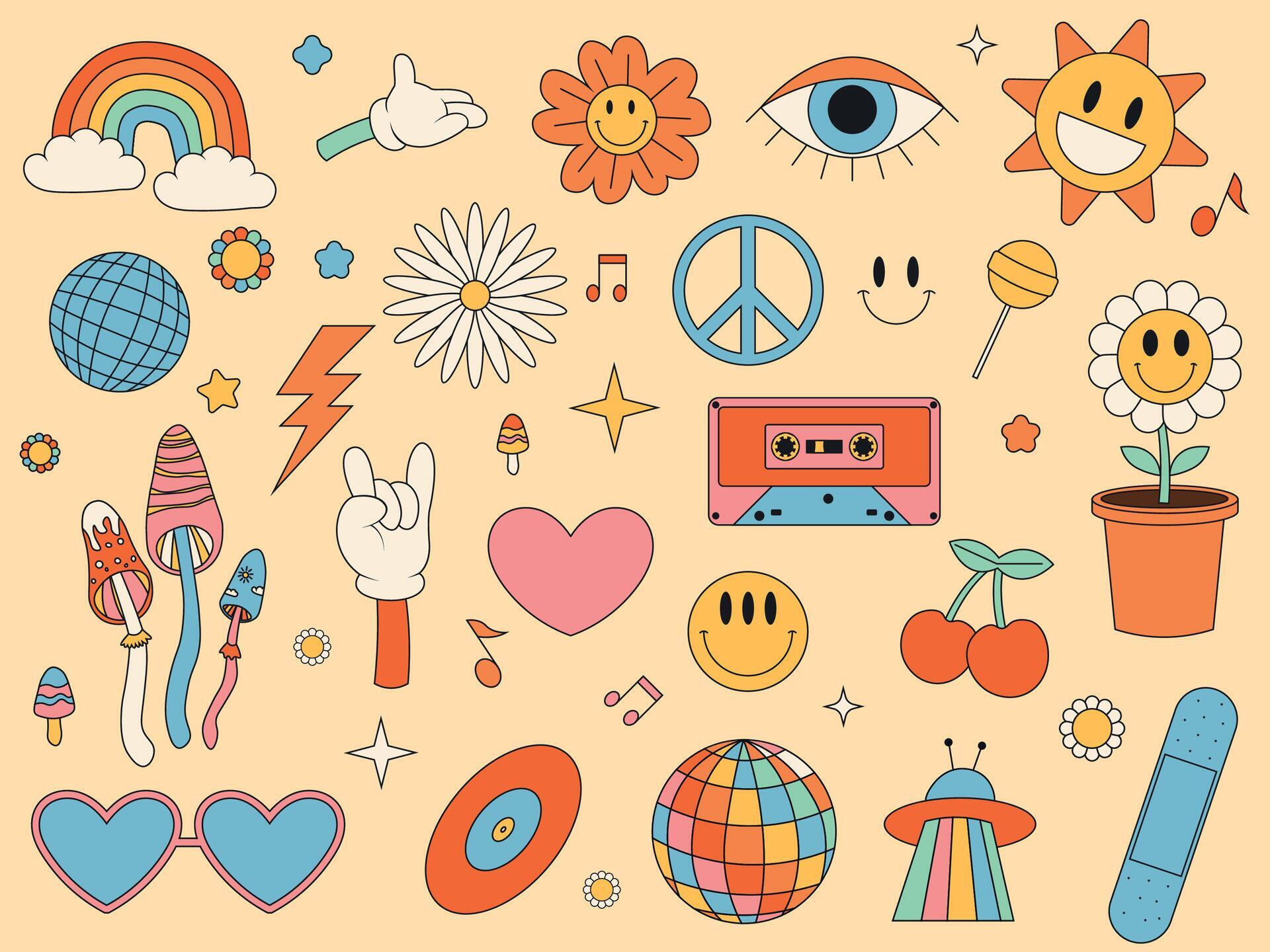 Groovy Set Hippie 70s. Cartoon Flower Rainbow Peace Love Heart Daisy Mushroom etc. Sticker Pack in Trendy Retro Style. Stock Free Stock Free