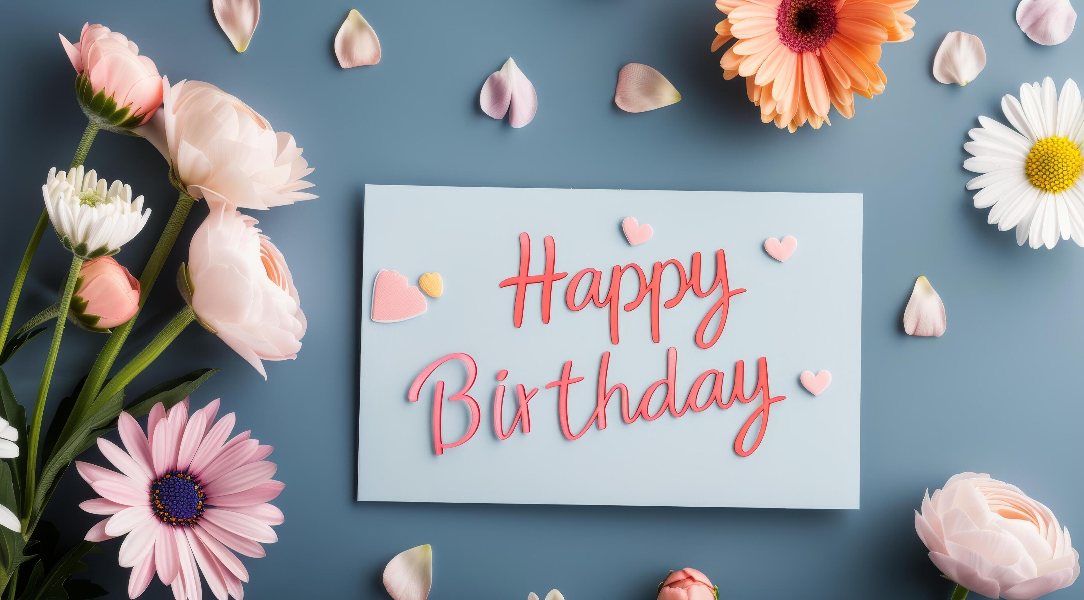 Happy Birthday Card Surrounded by Colorful Flowers on a Blue Background Stock Free