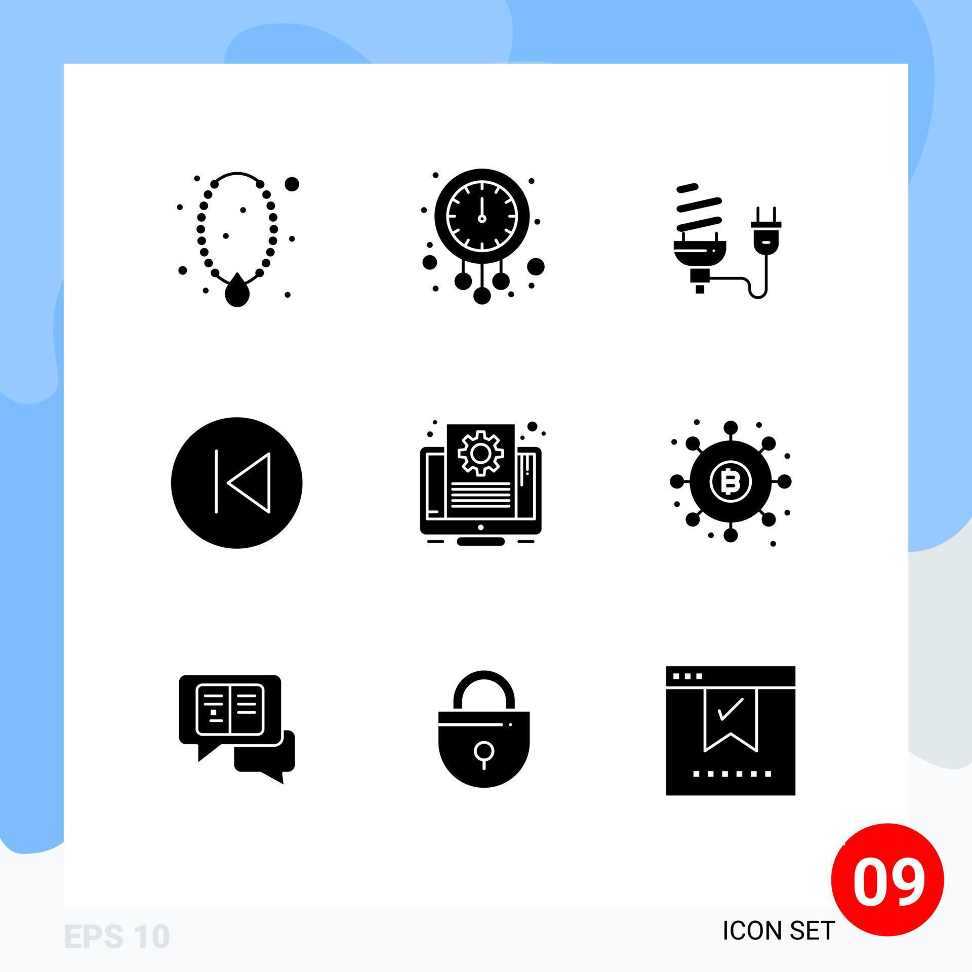 Mobile Interface Solid Glyph Set of 9 Pictograms of arrow left plug time light bulb eletrical Editable Vector Design Elements Stock Free