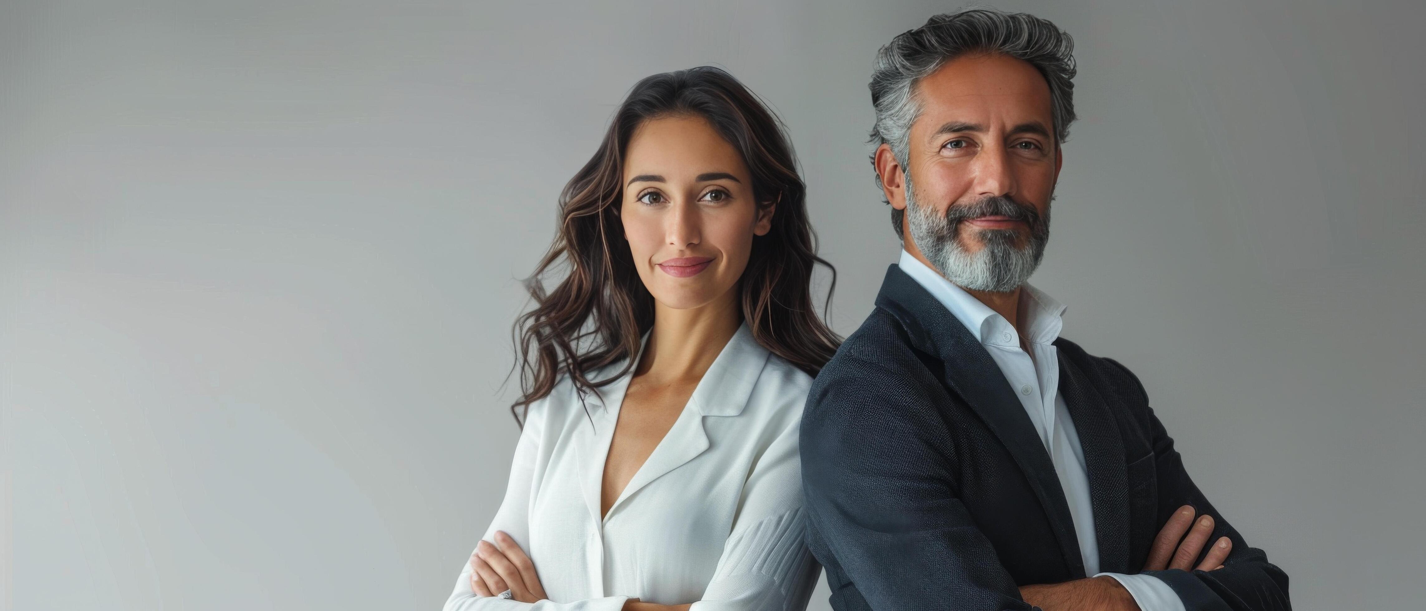 Two Business People in Front of Gray Background Stock Free