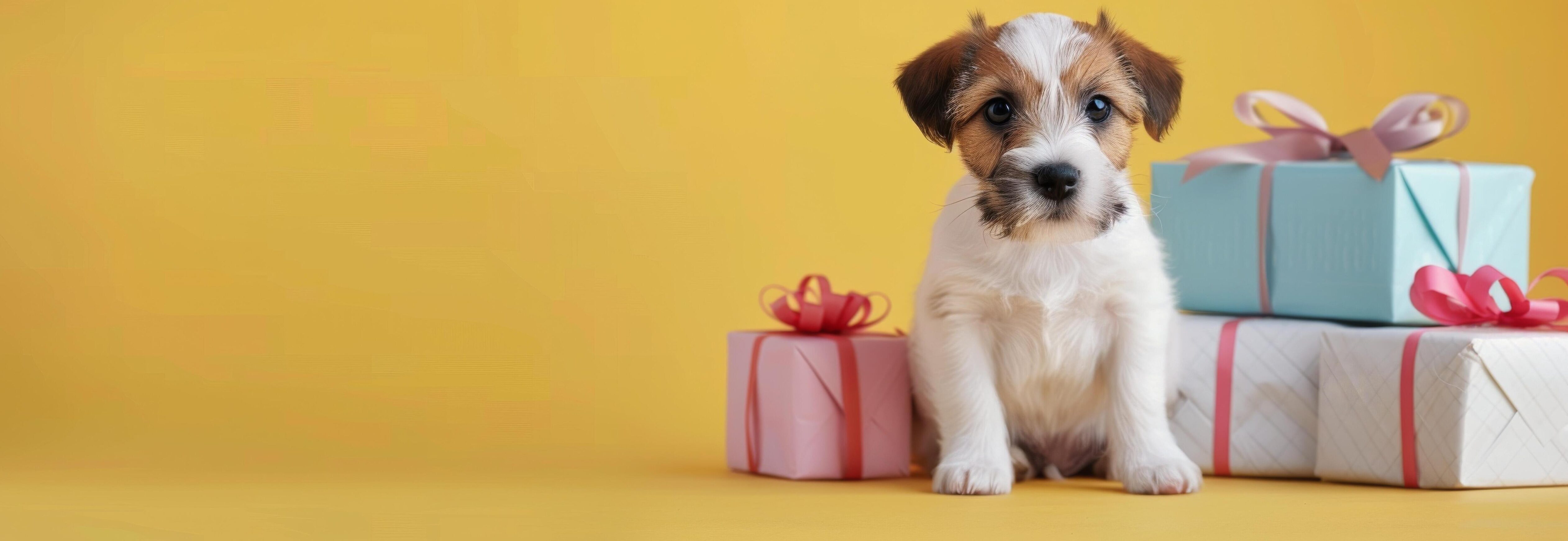 Adorable Puppy Surrounded by Colorful Gift Boxes on Bright Yellow Background Stock Free