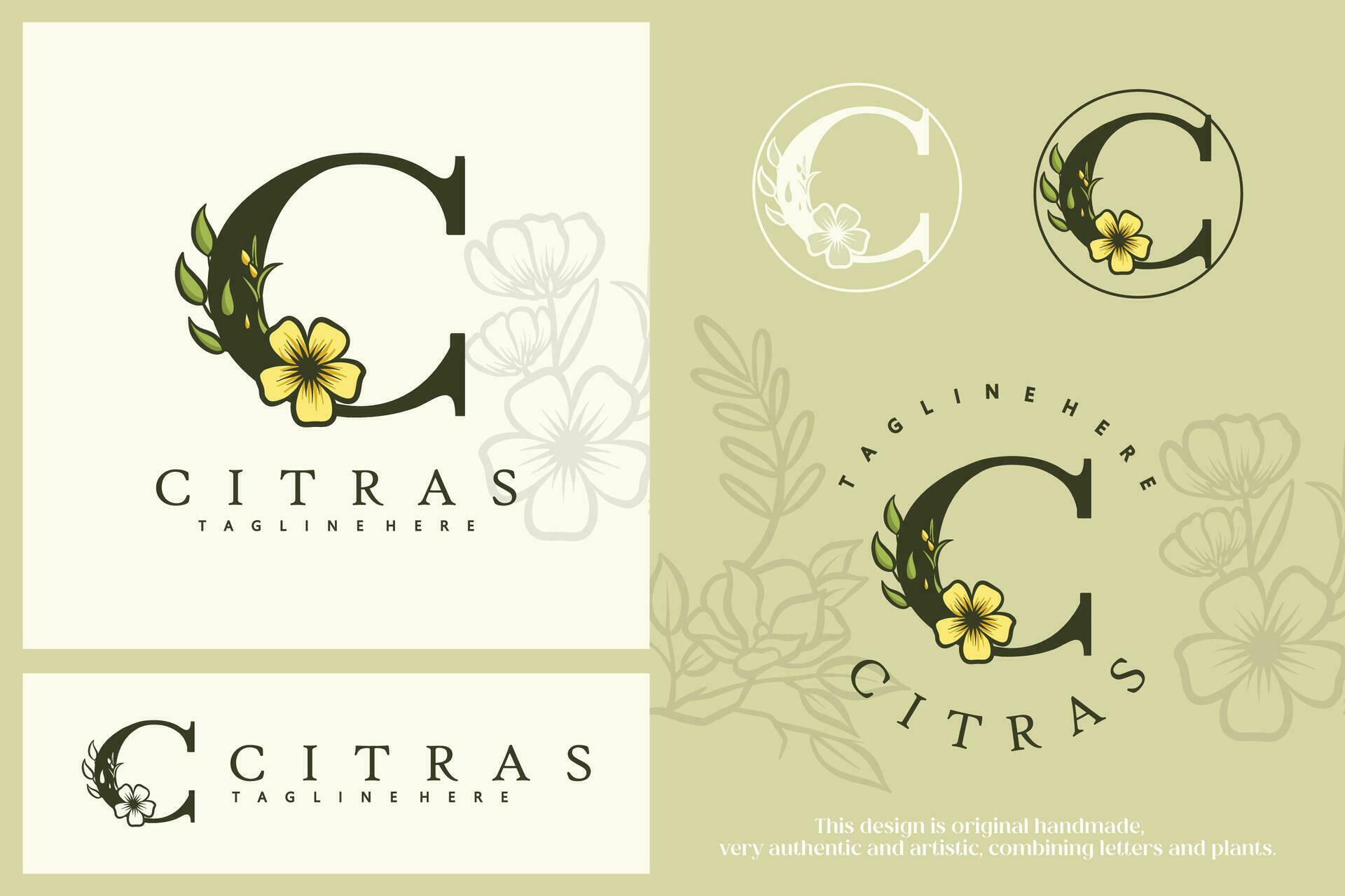 Floral Botanical Letter C. Monogram Font Logo combined with plants. Circle Flower Logo, pictorial, in pastel colors Stock Free