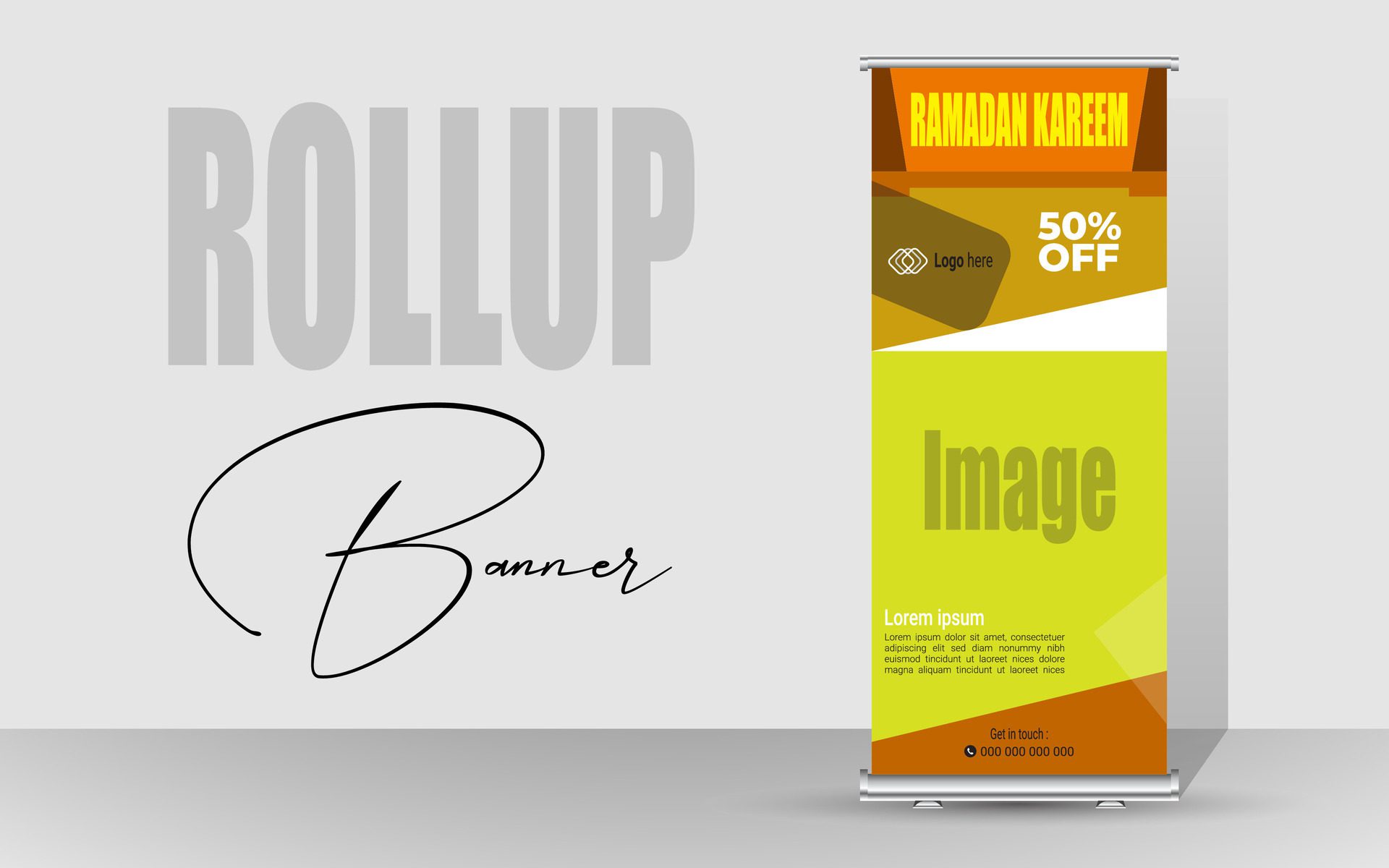 Roll up banner with a happy Ramadan design. unique meal banner for Ramadan. Rollup template for food menus. Free Vector