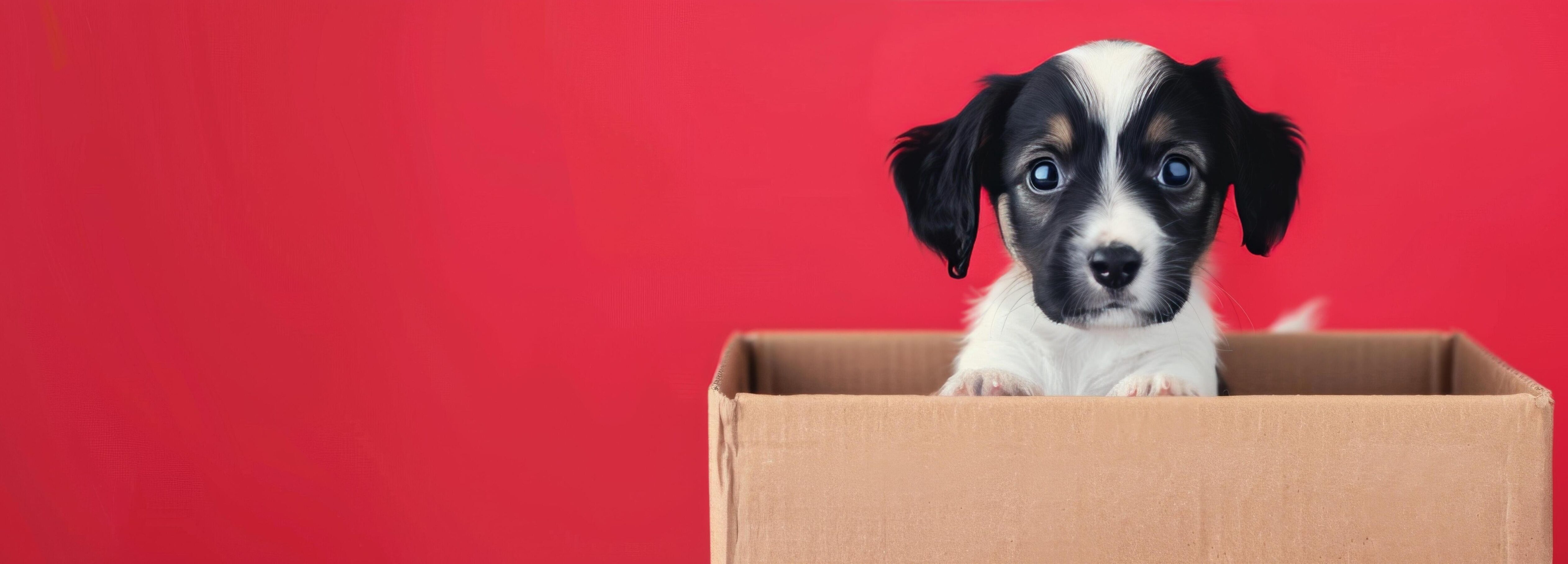 Cute Puppy Inside Cardboard Box Against Red Background Stock Free