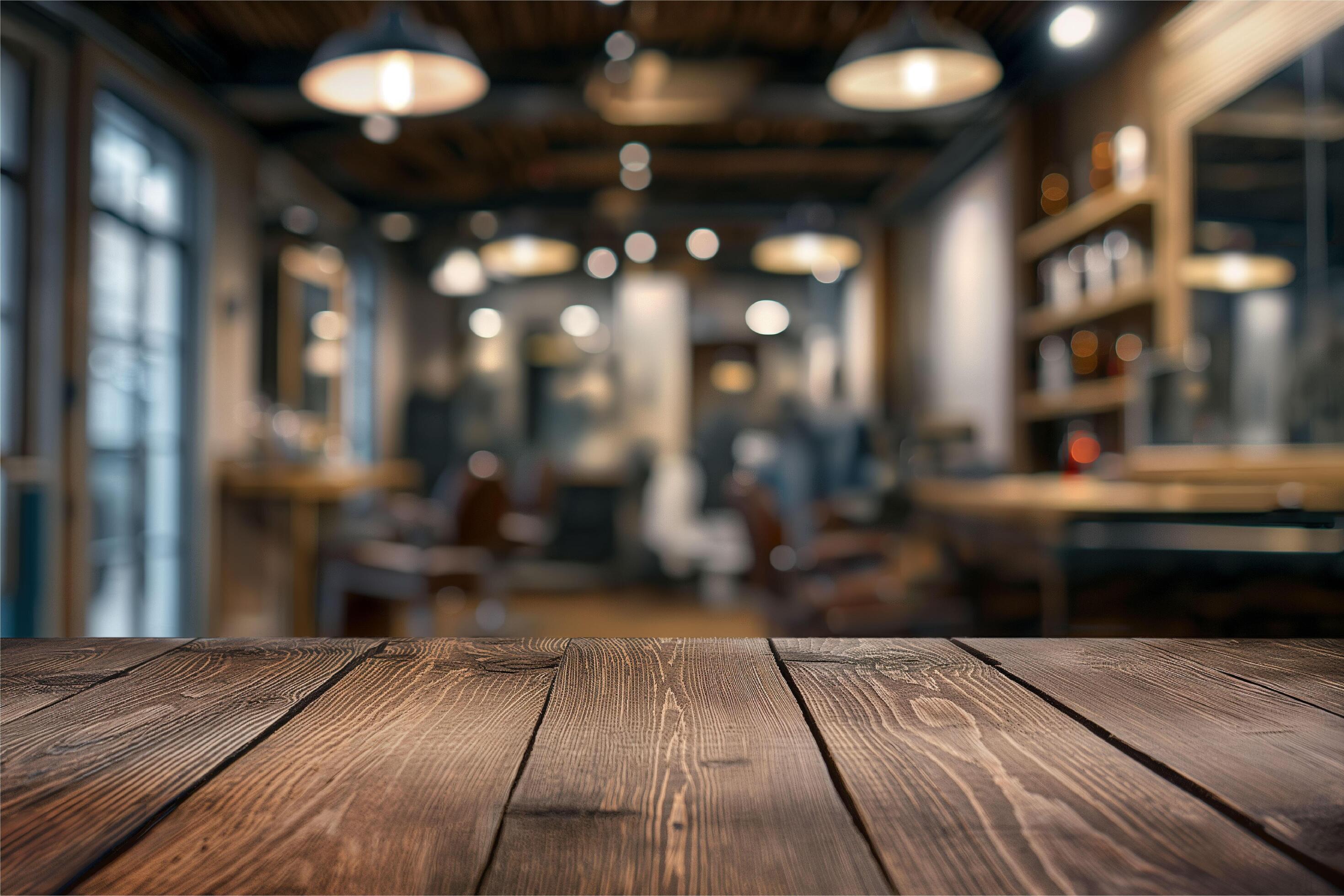 barber shop background with blur wooden table upfront Stock Free