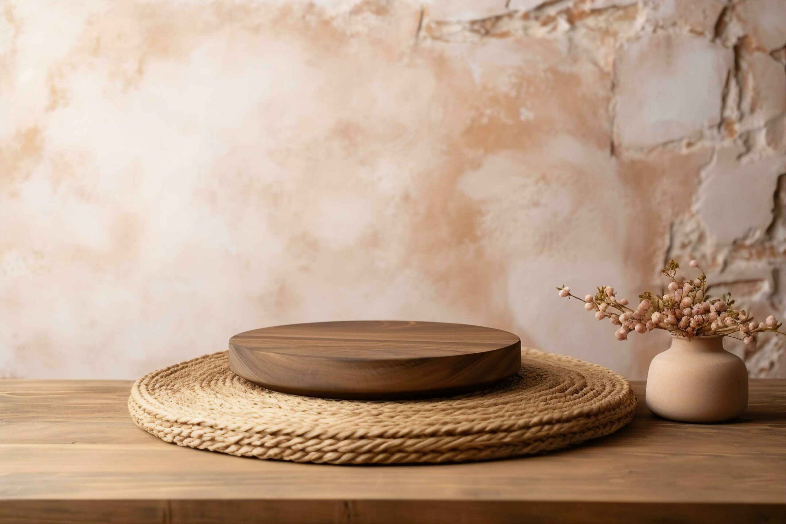 Empty wooden podium with wicker place mat on table over stone wall background. Kitchen mock up for design and product display. generative ai. Free Photo